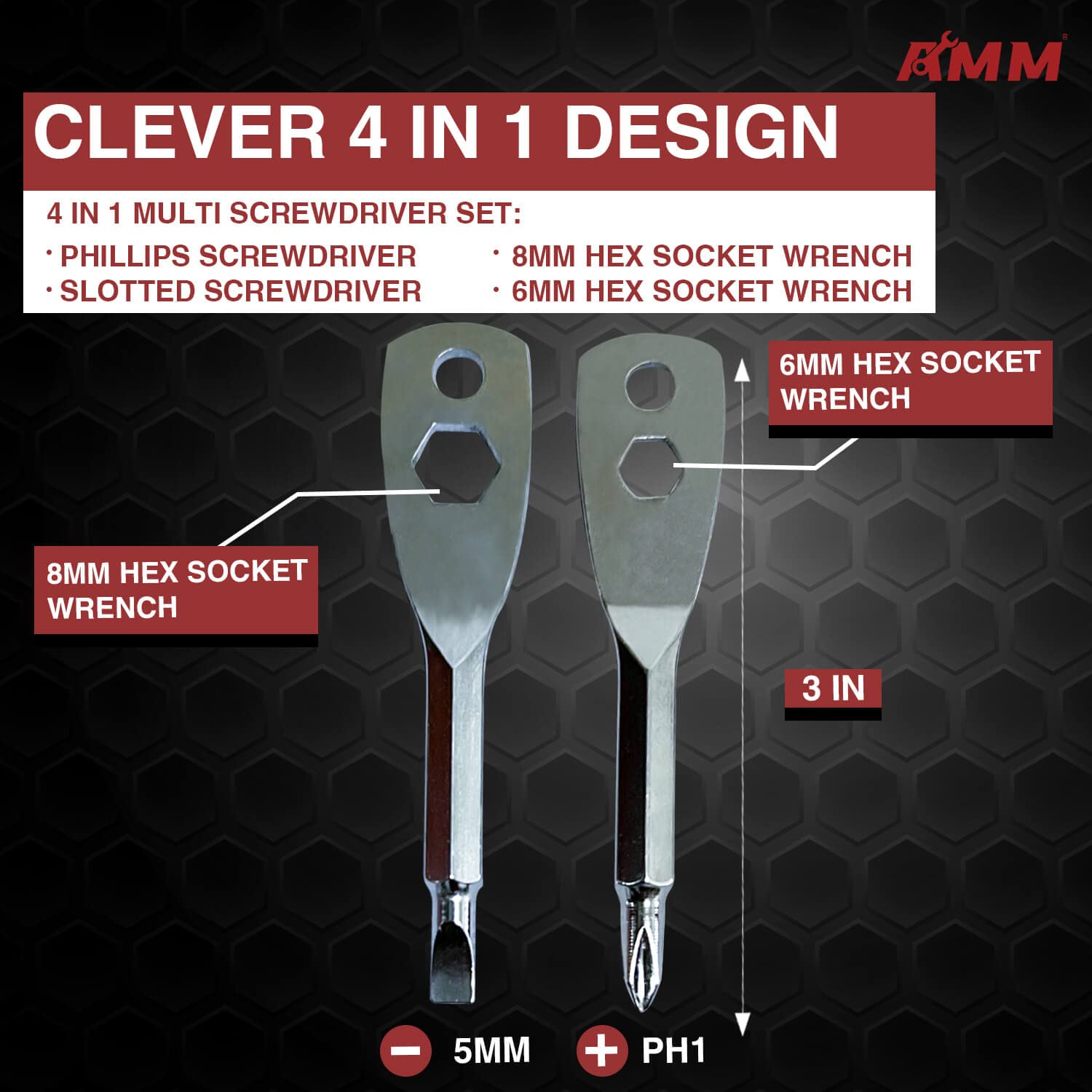 AMM 4-in-1 Portable Keychain Screwdriver Set (White) - Phillips & Slotted Head with 2 Hex Wrenches - Compact Multi-Tool for Home Repairs, Electronics, Bikes & Travel Essentials