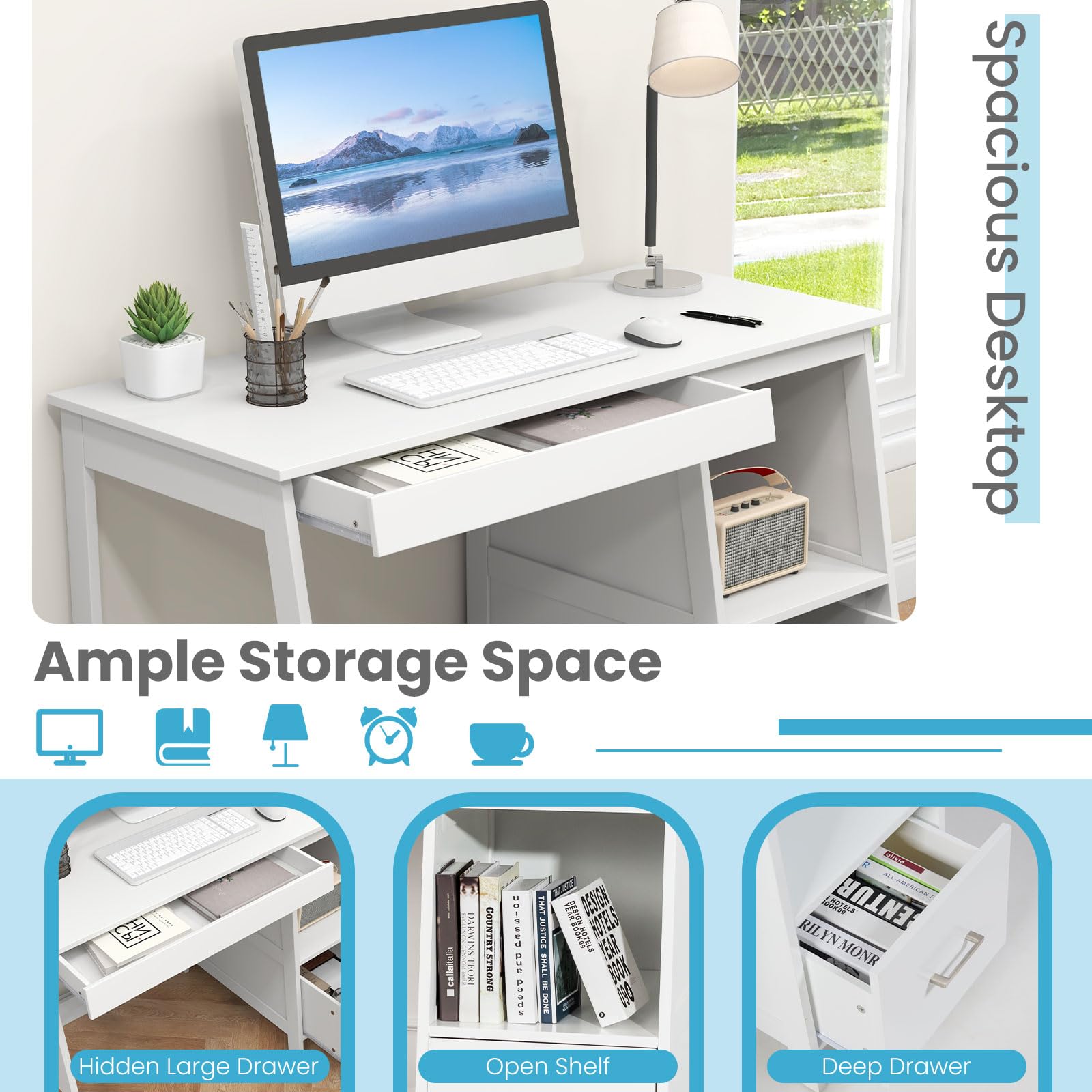 Tangkula White Modern Study Desk with Drawers - Small Computer Desk for Home Office, Writing Desk with Storage Space, Student Desk & Makeup Vanity Table for Bedroom - Perfect for Remote Work, Online Classes & Beauty Routines (White)