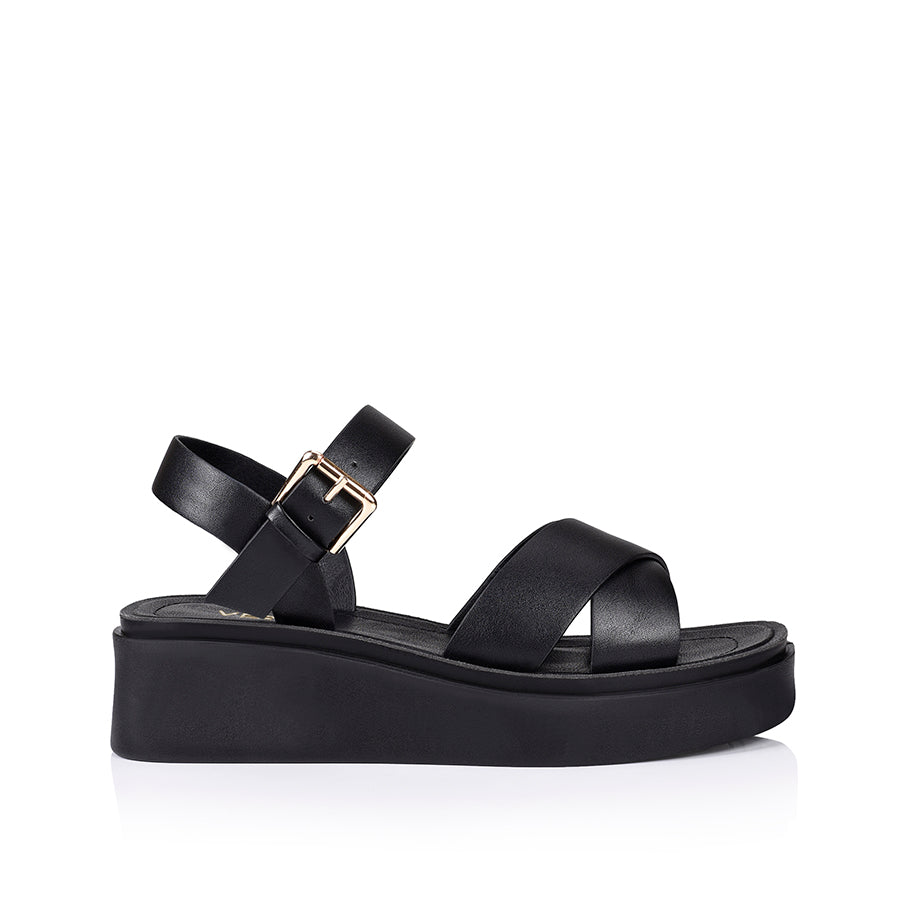 Radar Platform Sandals for Women - Black Smooth Leather Comfortable Slip-On Summer Shoes for Beach, Vacation, and Casual Outfits