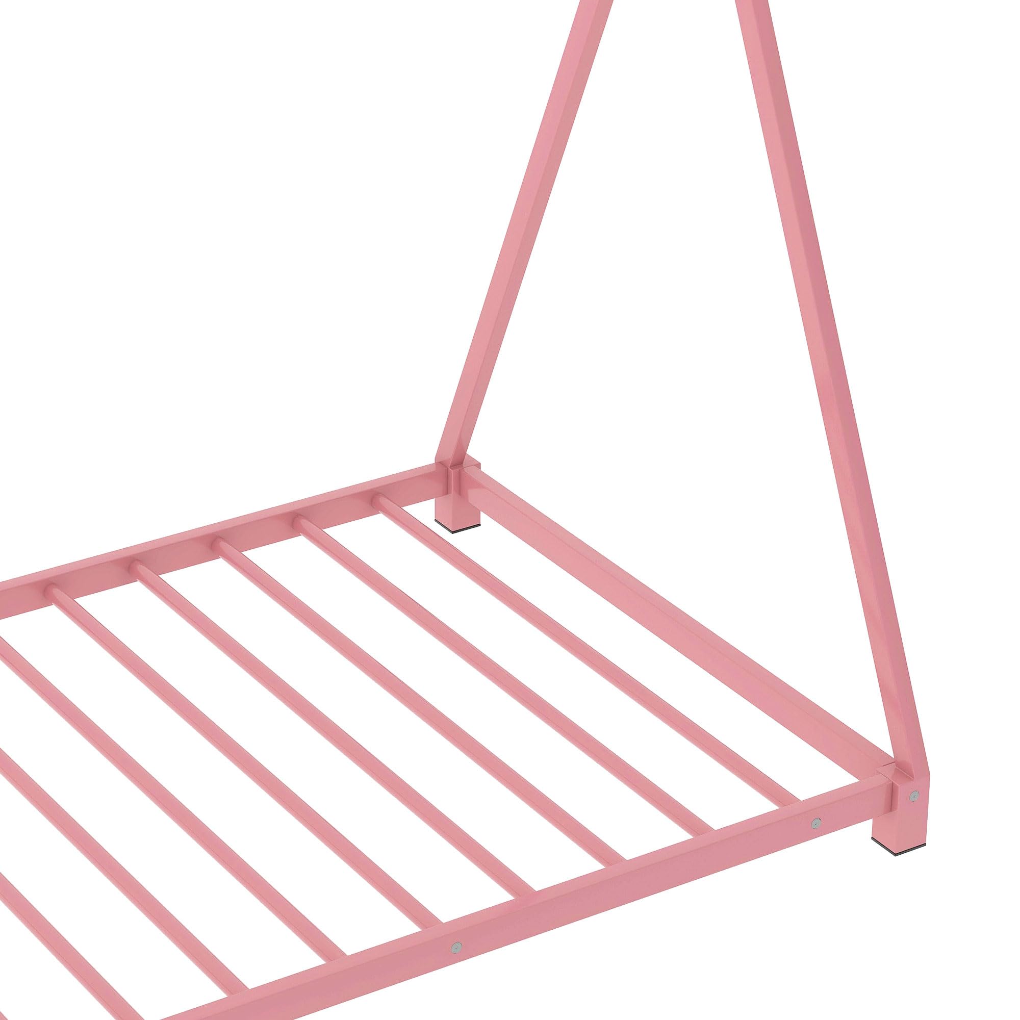 Montessori Twin Floor Bed Frame with Slats & Triangle Structure - Sturdy House Bed for Kids, Boys & Girls - Pink Wooden Toddler Bed for Playroom, Nursery or Kids Bedroom