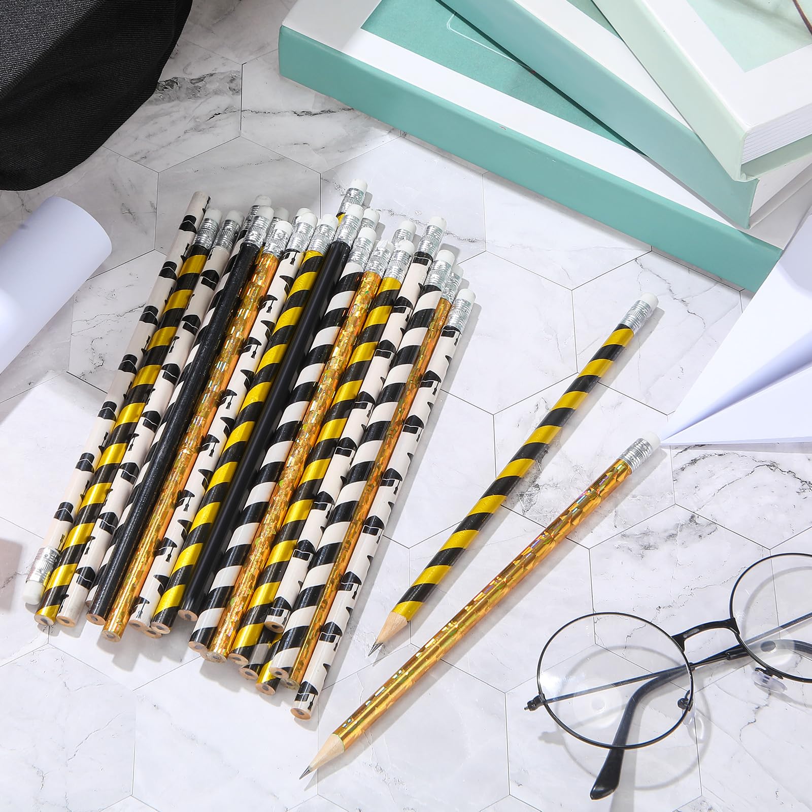 2025 Graduation Pencils Set - 50 Count Assorted Novelty Pencils with Erasers, Graduation Hat & Stripes Design (5 Styles) - Perfect for Graduation Party Favors, School Supplies, Office Gifts & Teacher Appreciation