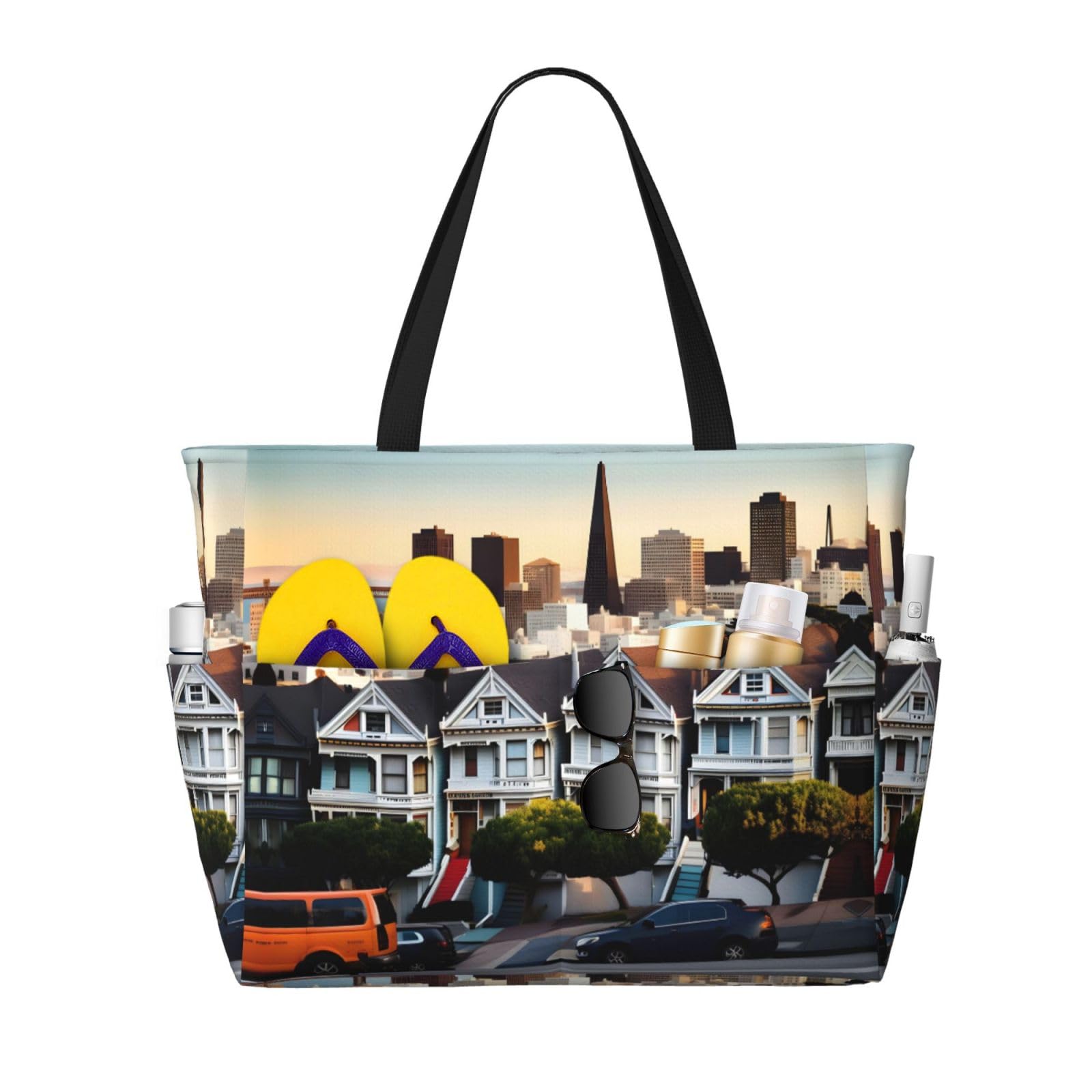 NOUZU San Francisco Print Beach Tote - Extra Large Travel Bag for Women (Black) - Beach & Vacation Essential