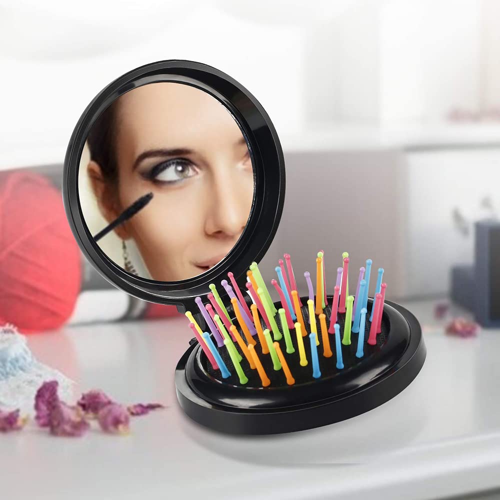 Foldable Travel Hair Comb with Mirror - Black Round Pocket Hairbrush for Women & Men | Perfect for Travel, Makeup, Gifting (Friends, Family, Lovers) | Compact Personal Care Accessory for Purse, Gym Bag & On-the-Go Styling