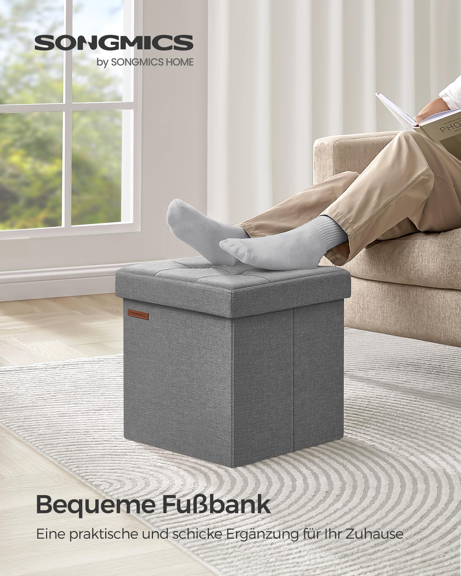 SONGMICS 38cm Foldable Storage Ottoman Bench with Hidden Compartment, Multi-Purpose Footrest Stool, Ash Gray LSF027G12 - Perfect for Living Room, Bedroom & Entryway Organization