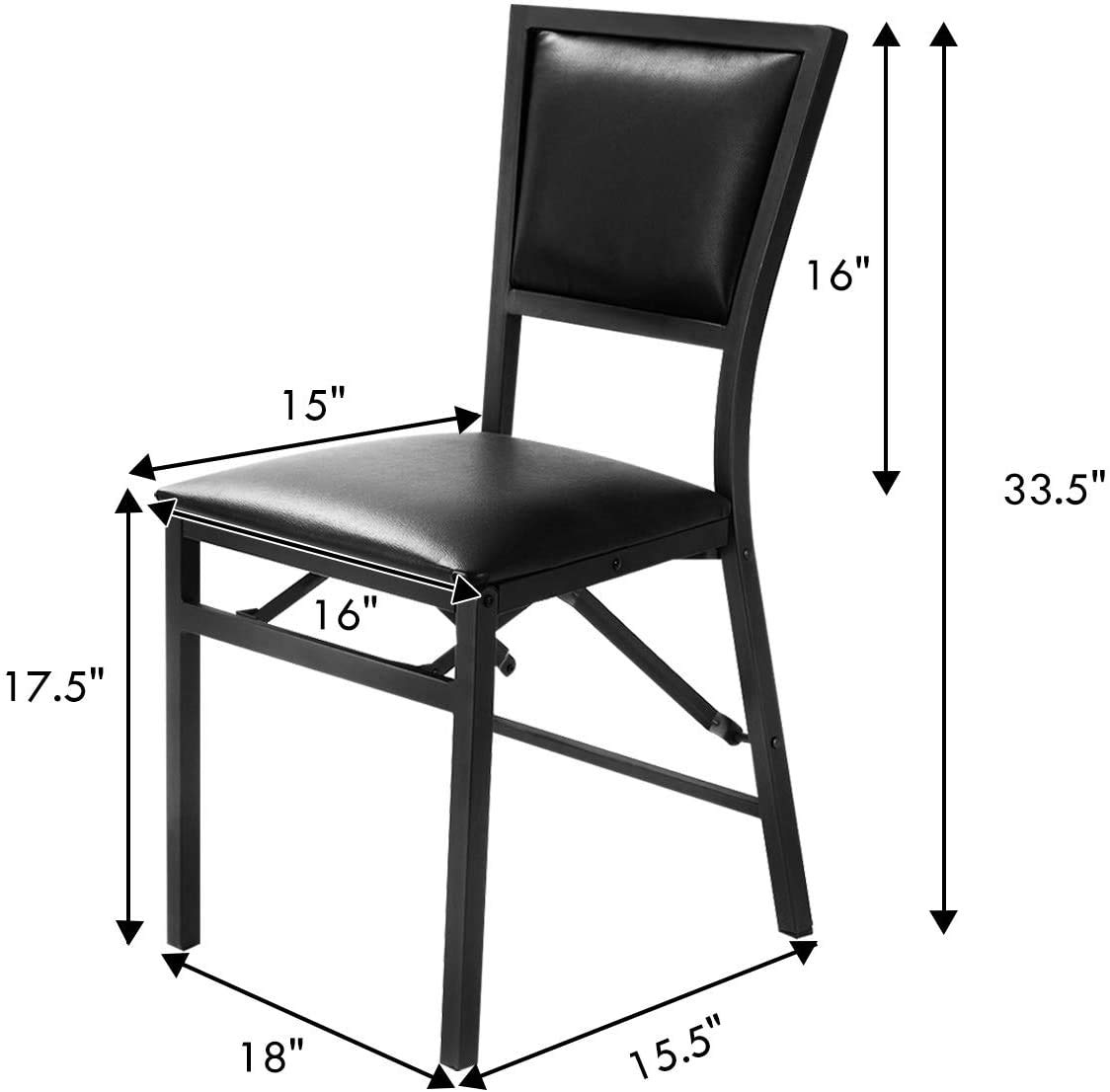 LDAILY Set of 2 Folding Chairs with Cushions - Metal Frame Mocha Kitchen Dining Chairs with Padded Seat & Backrest - Perfect for Home, Office, Restaurant, Outdoor, Camping, Picnic & Patio Use - Black