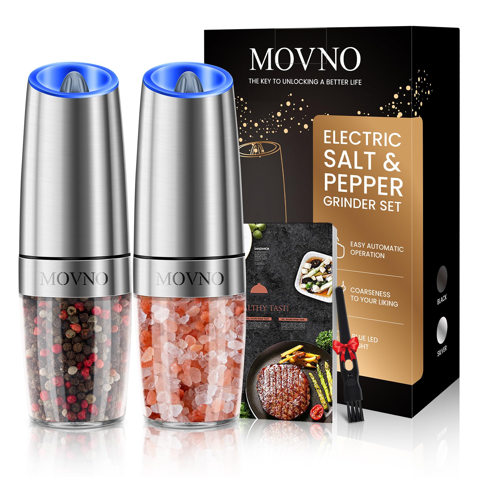 Premium Electric Salt and Pepper Grinder Set - Battery Powered with LED Light, One-Hand Automatic Operation, Adjustable Coarseness - Perfect for Kitchen, Dining Table & Outdoor BBQ (Black/Silver, 2-Piece Set)