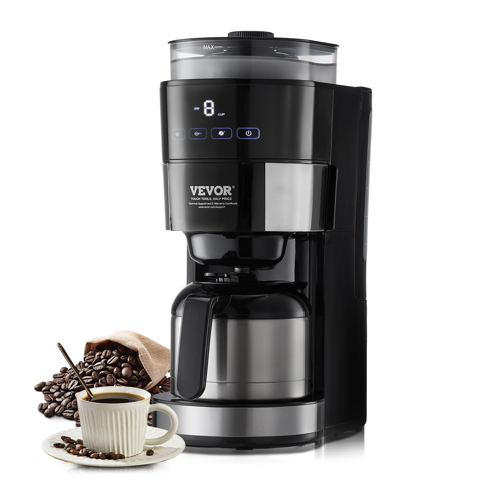 VEVOR 8-Cup Programmable Coffee Maker with Built-in Grinder - 3 Brew Strength Control, Reusable Filter & Removable Water Tank - Perfect for Home, Office & Restaurant Use - Freshly Ground Coffee Anytime