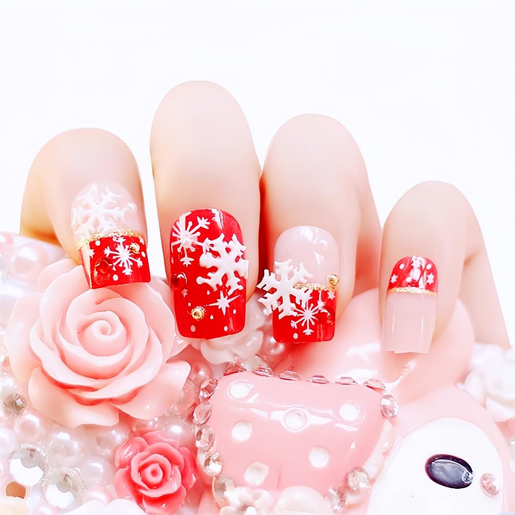 24pcs Christmas Press On Nails with Glue - 3D Snowflake French Tip Fake Nails in Red & Pink for Women & Girls | Holiday Party & Gift Idea