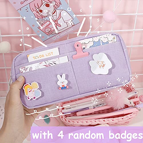 Cute Large Canvas Pencil Case for School - Kawaii Stationery Organizer & Makeup Pouch for Girls, Kids Gift with Badge (Green) - Perfect for School Supplies, Art Storage & Travel Essentials