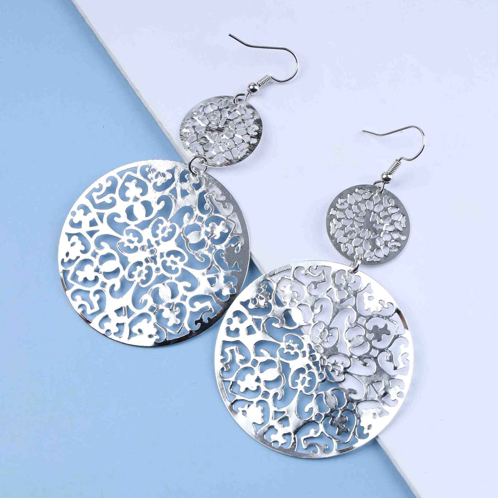 Yienate Filigree Hollow Disc Dangle Drop Earrings - Boho Gold Ethnic Carved Flower Double Round Statement Hook Earrings for Women | Wedding, Bridesmaid, Party & Everyday Boho Jewelry