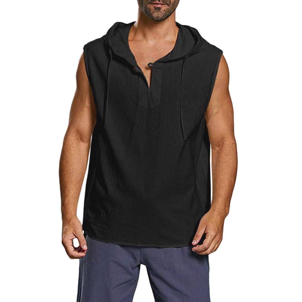Men's Cotton Linen Hooded Button-Up Shirt - Sleeveless Beach Tank Top for Casual Wear & Summer Outfits | Perfect for Vacations, Outdoor Activities & Relaxing