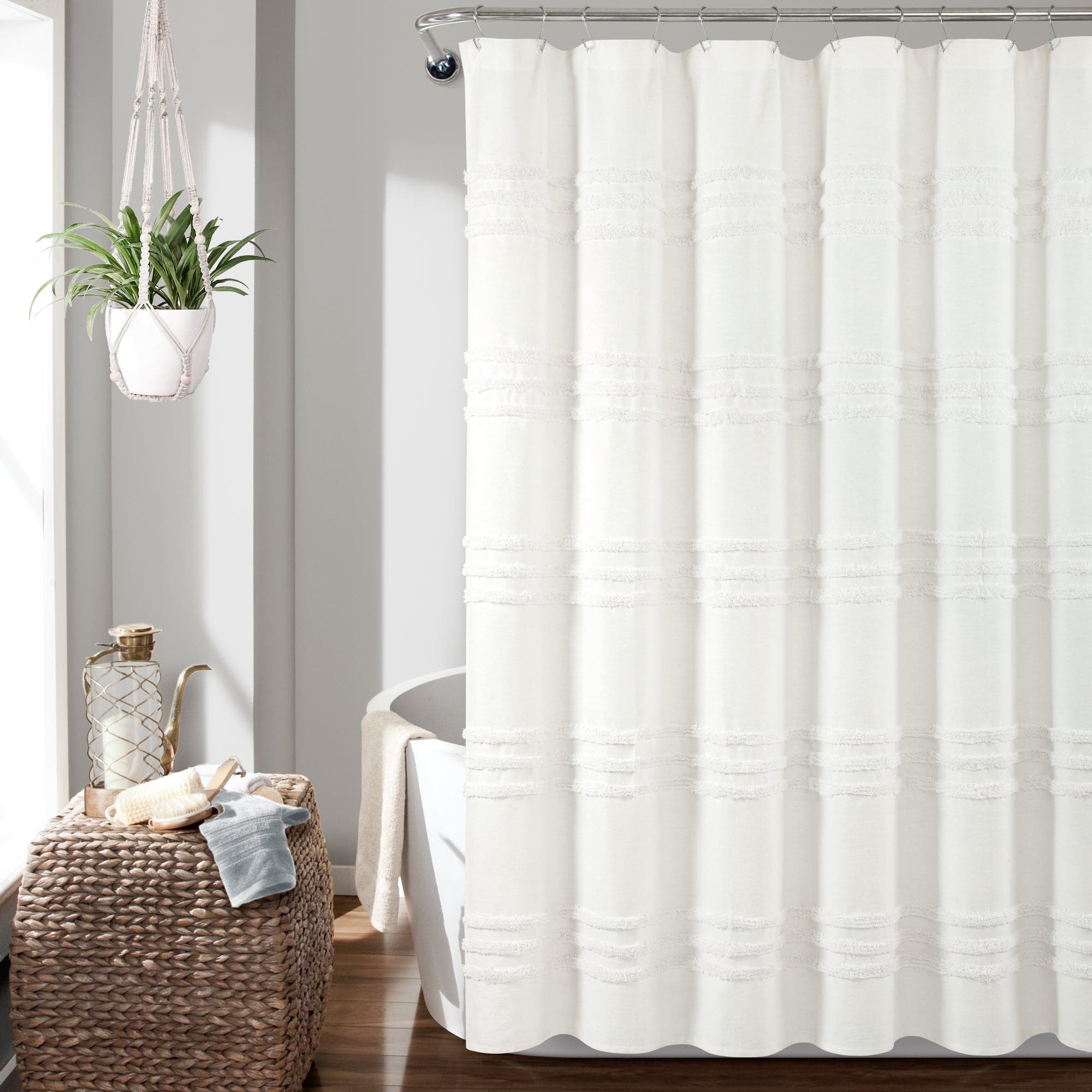 Boho Kendra Tufted Yarn Dyed Recycled Cotton Blend Shower Curtain - Waterproof Bathroom Decor for Vintage & Bohemian Style Homes