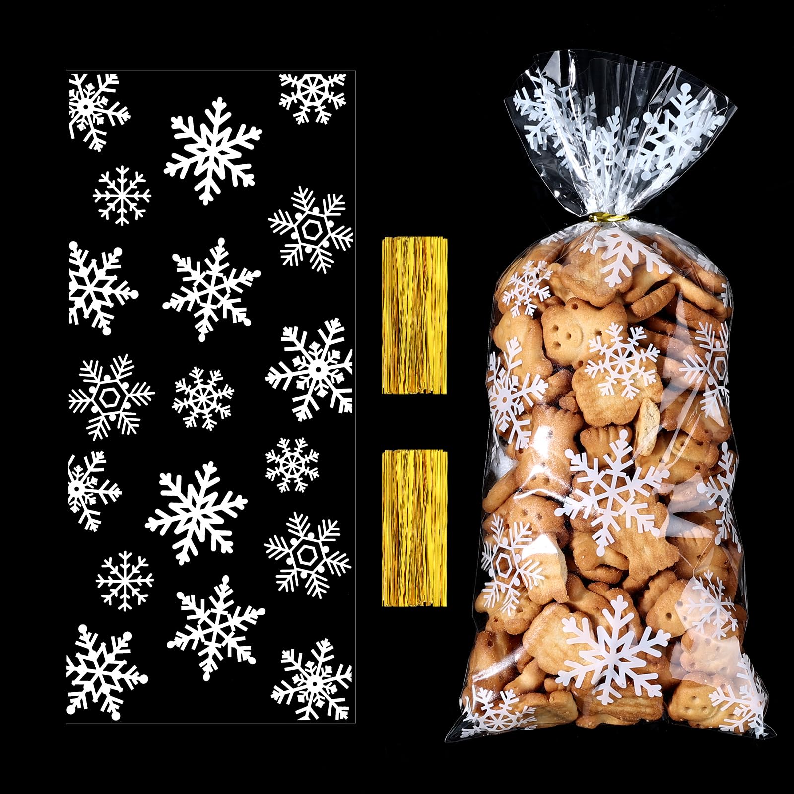 120-Piece Christmas Cellophane Treat Bags with Ribbon - Winter Snowflake Design Holiday Cookie Bags for Christmas Parties, Gift Wrapping & Cookie Exchanges
