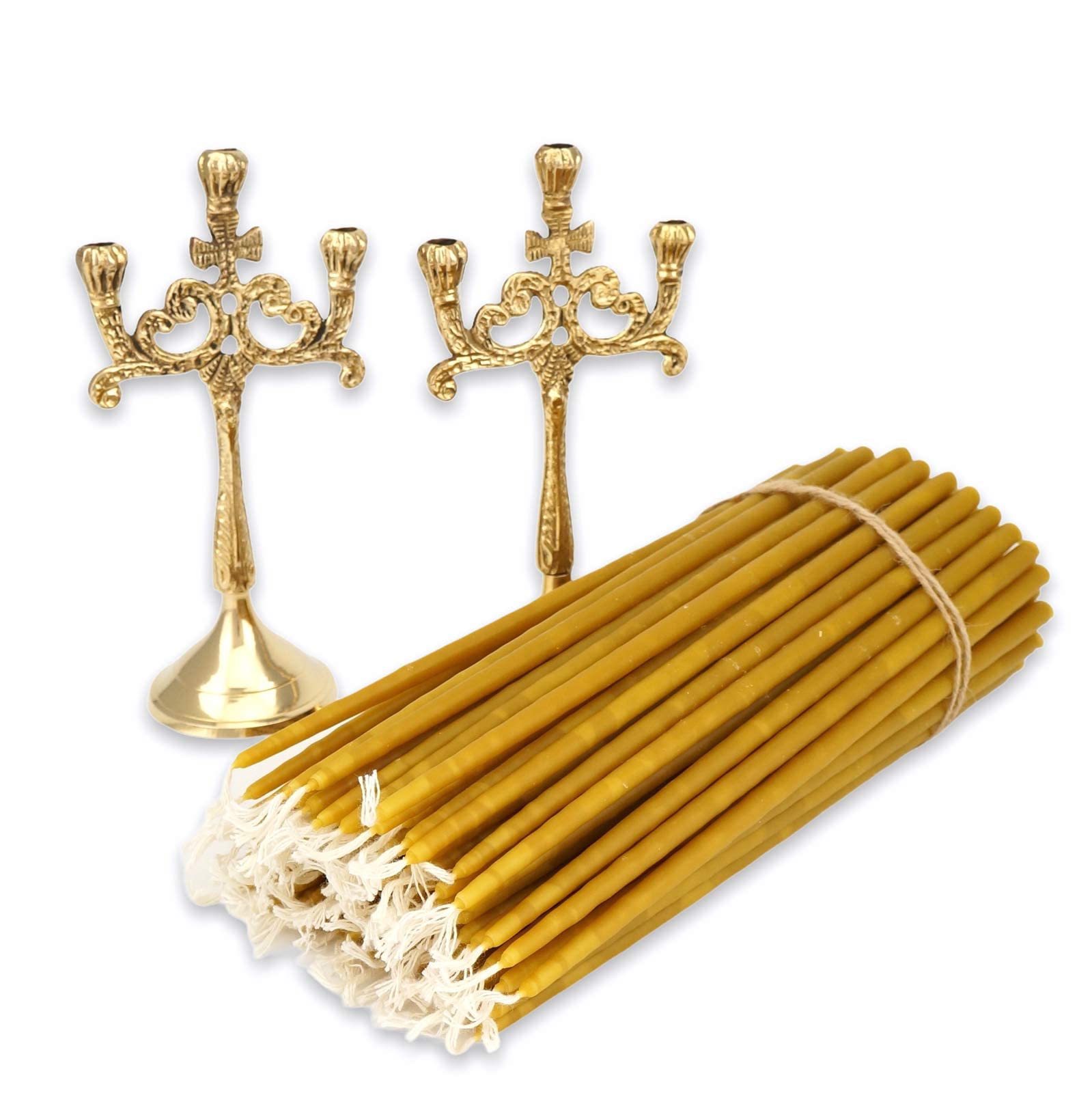 Brass Cross Candle Holders Set of 2 with Beeswax Candles for Church & Home Altar