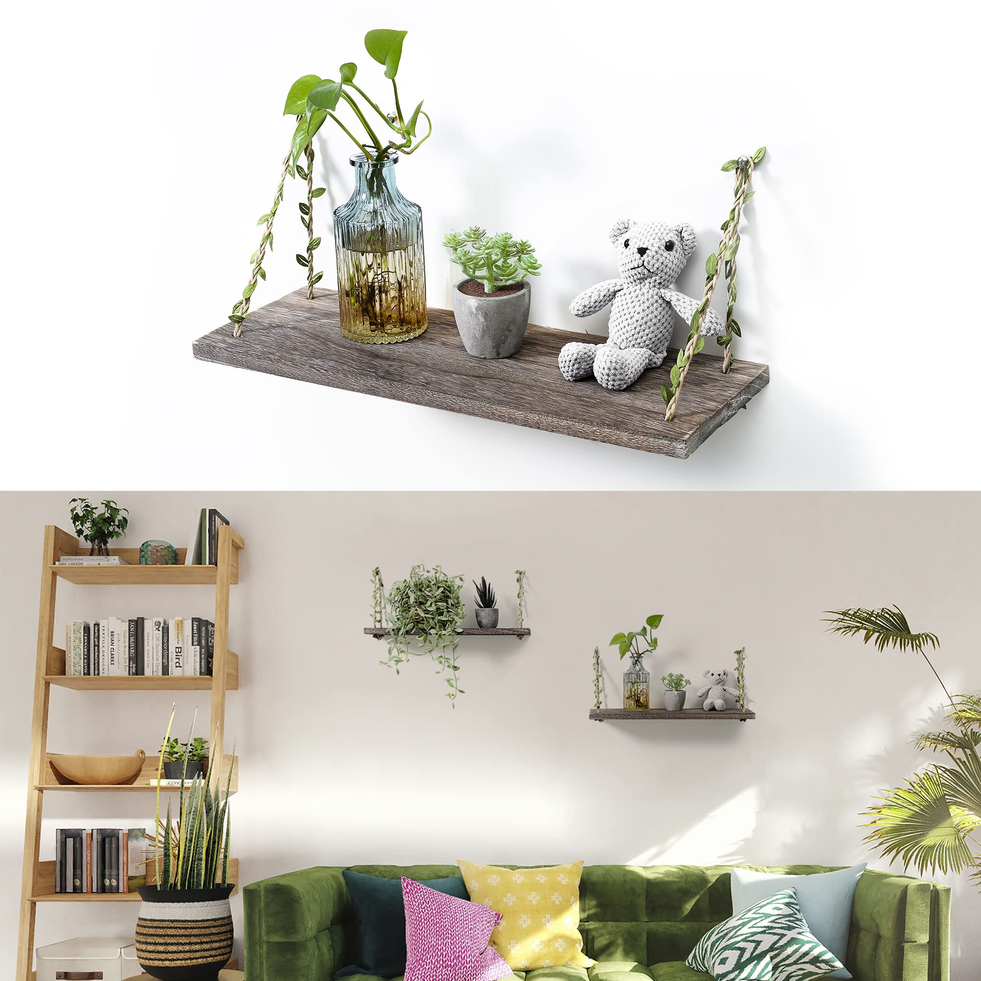 MITIME Leaf Rope Hanging Floating Shelves - 2-Pack Retro Wall Swing Storage Shelves for Home Decor, Bedroom, Bathroom & Living Room Organization