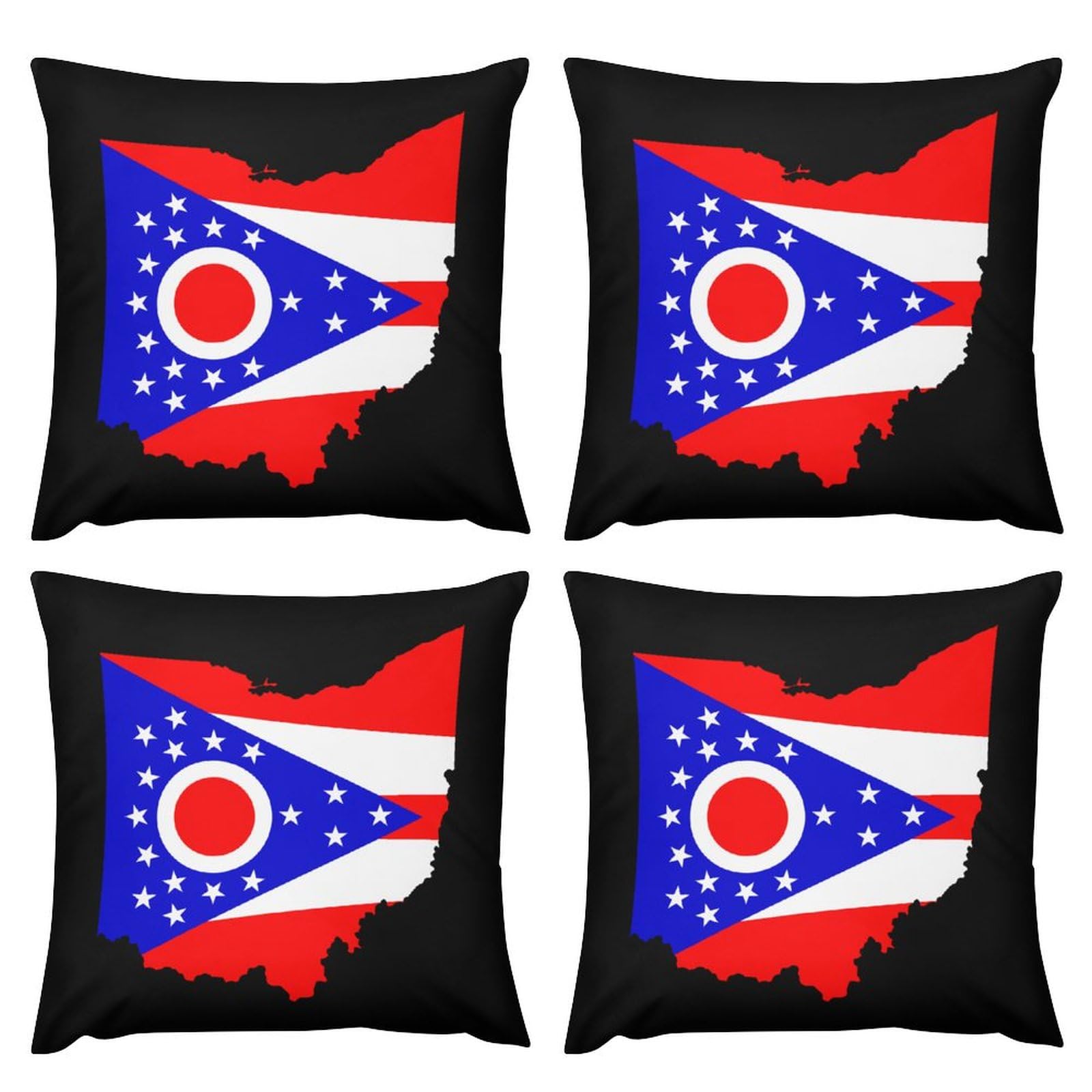 Ohio State Flag Map Plush Pillow Covers Set of 4 - 16x16 Inch Soft Cushion Covers for Sofa, Bed, Couch - Perfect for Home Decor, College Dorm, Game Day & Patriotic Gift