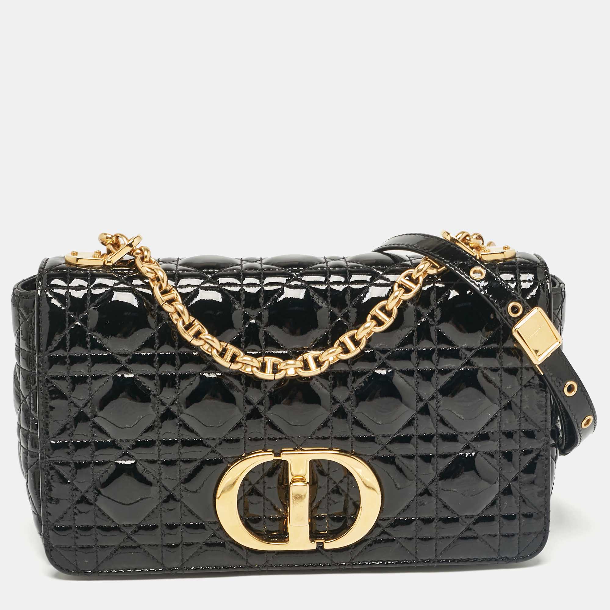 Black Cannage Patent Leather Medium Caro Shoulder Bag - Luxury Quilted Handbag for Women, Perfect for Work, Party & Evening Out