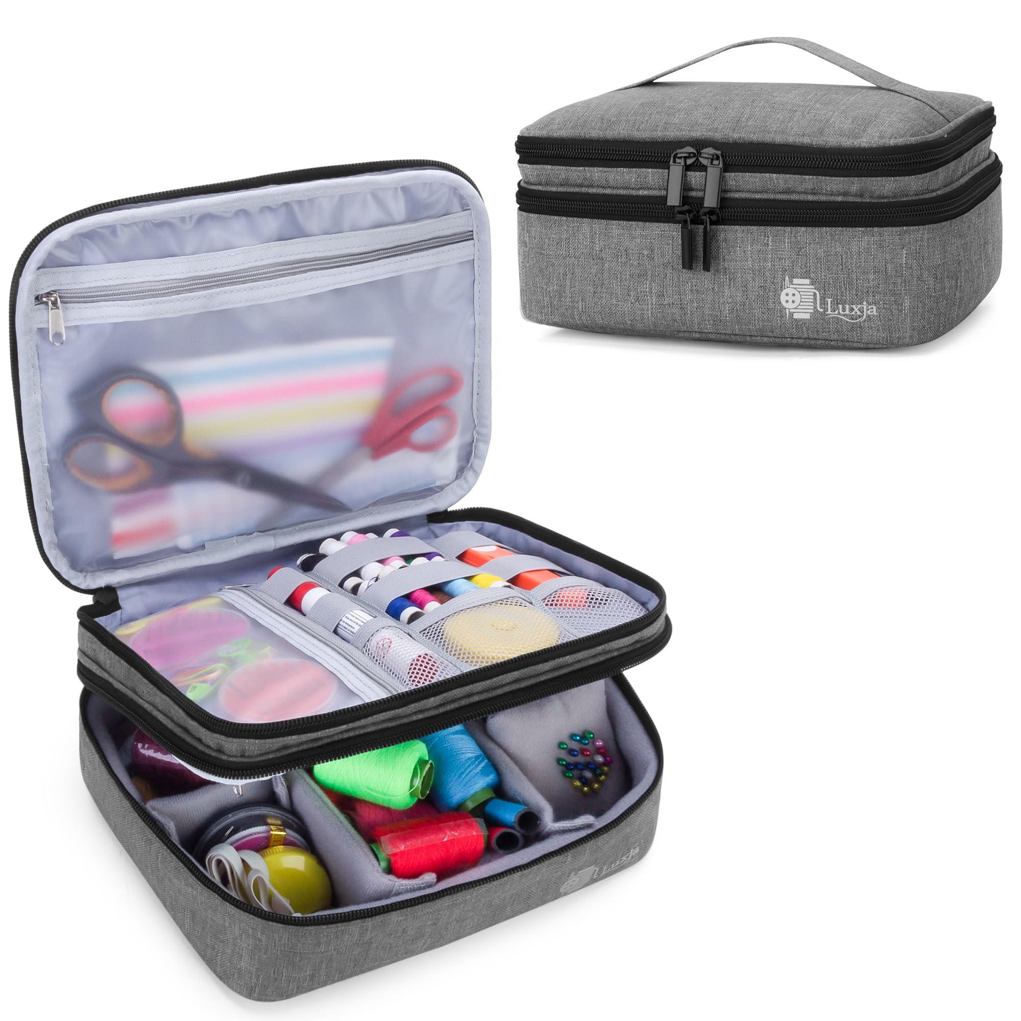 Luxja Double-Layer Sewing Supplies Organizer - Medium Gray Sewing Bag for Needles, Thread, Scissors & Measuring Tape - Perfect for Sewing Kits, Craft Storage & Travel Sewing Projects
