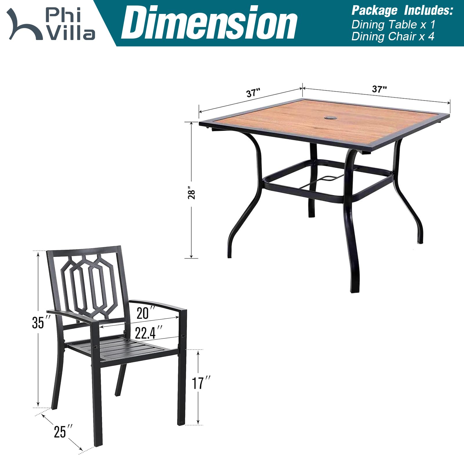 PHI VILLA 37 Inch Square Outdoor Dining Table and 4 Chairs Set - Wood-Like Patio Furniture for Garden, Backyard, Balcony - Weather-Resistant Bistro Set for Dining, Entertaining, Relaxing