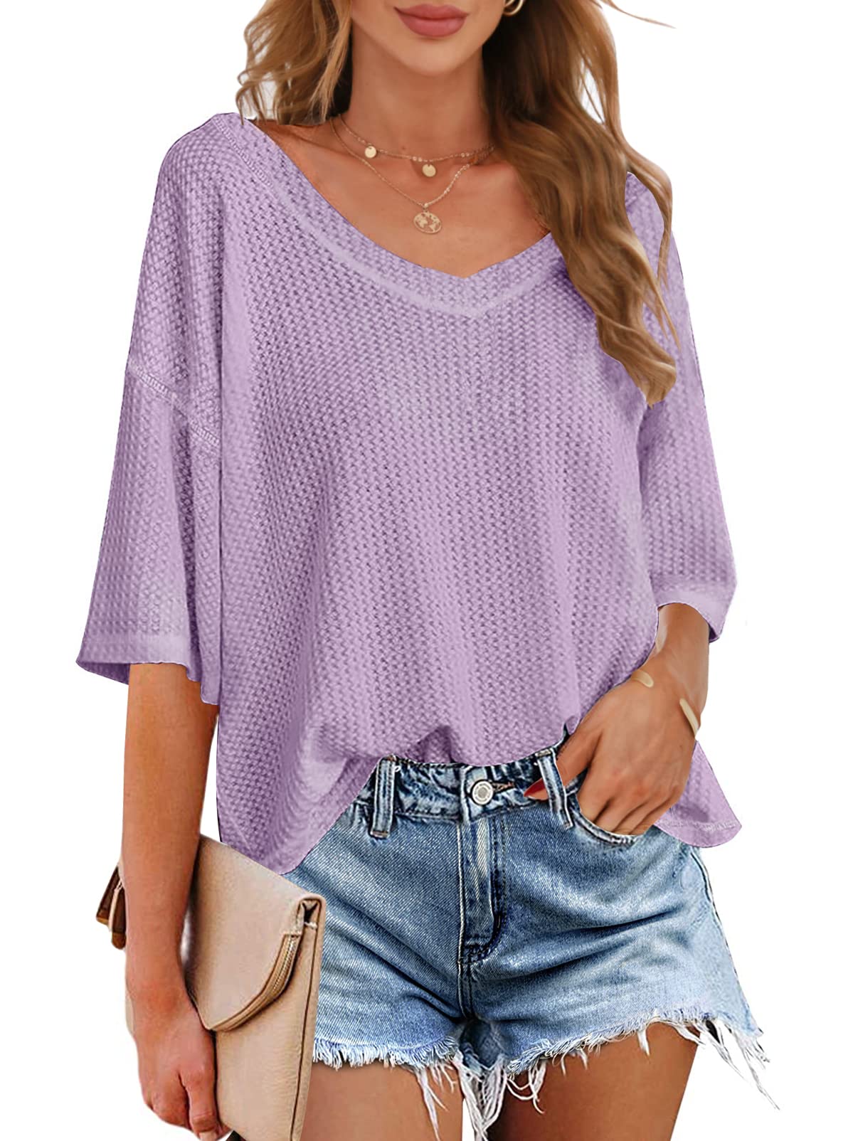 MEROKEETY Women's V Neck Batwing Half Sleeve Waffle Knit Blouse - Loose Fit Casual Solid Color Top for Work, Date Night & Weekend Outings