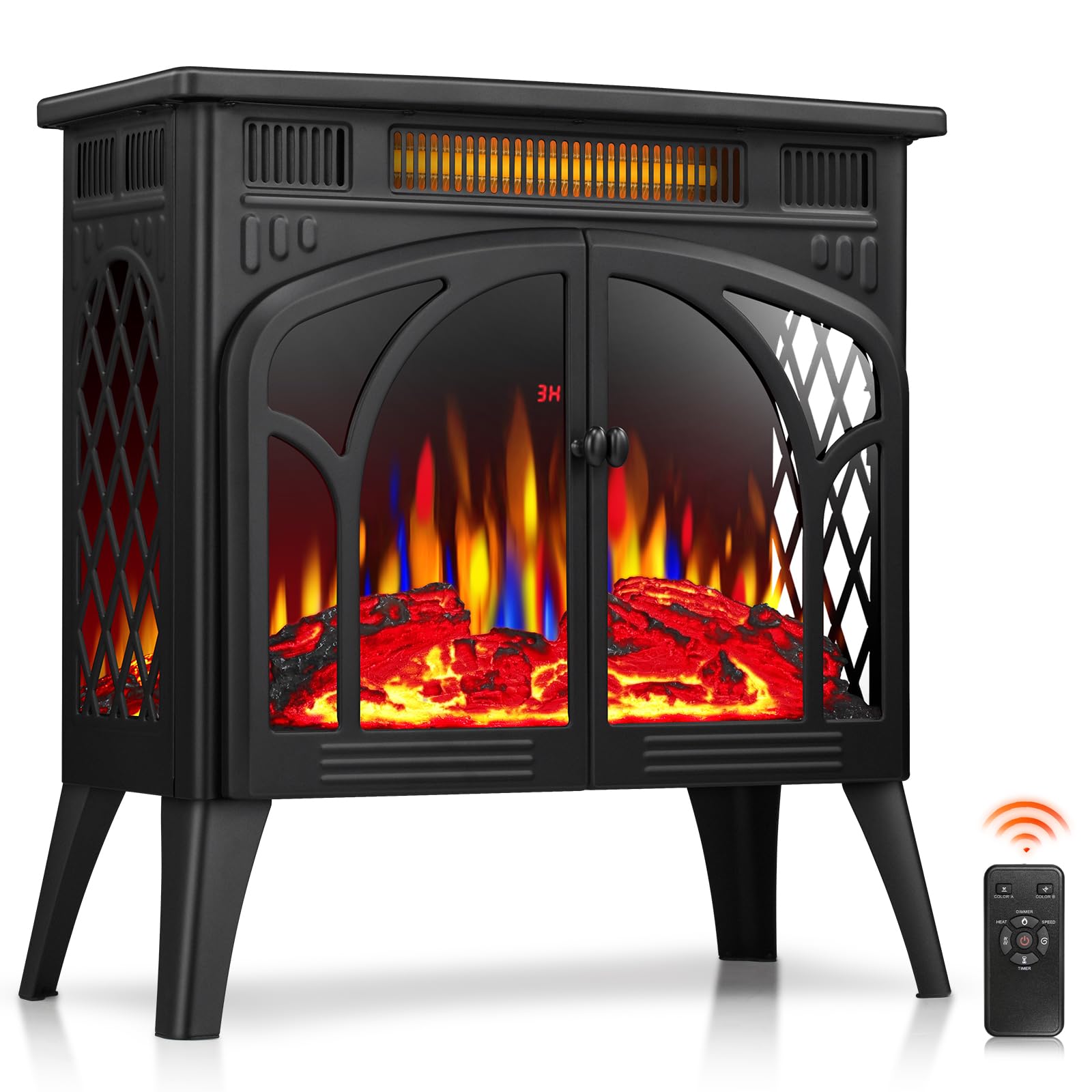 ZAFRO 24-inch Electric Fireplace Heater - 5100 BTU Freestanding Portable Stove with Remote Control & Timer, Adjustable Flame Colors (500W/1500W) - Black - Perfect for Bedroom, Living Room & Office Heating