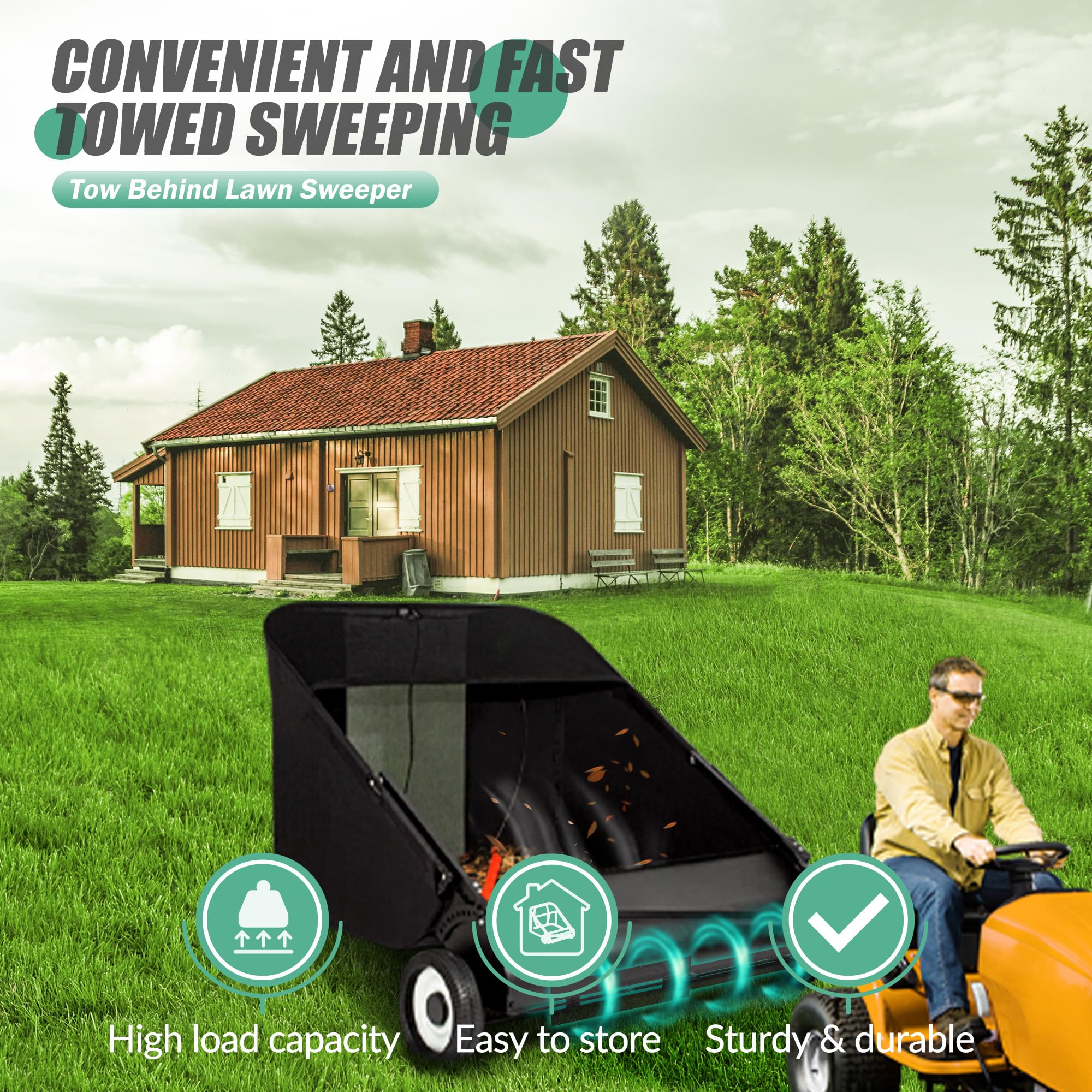 Upgraded 42-Inch Lawn Sweeper for Leaves & Grass - 21 cu.ft Large Capacity Yard Sweeper with Adjustable Height & 4 Spinning Brushes - Perfect for Yard, Lawn, Farm, Sidewalk & Leaf Collection