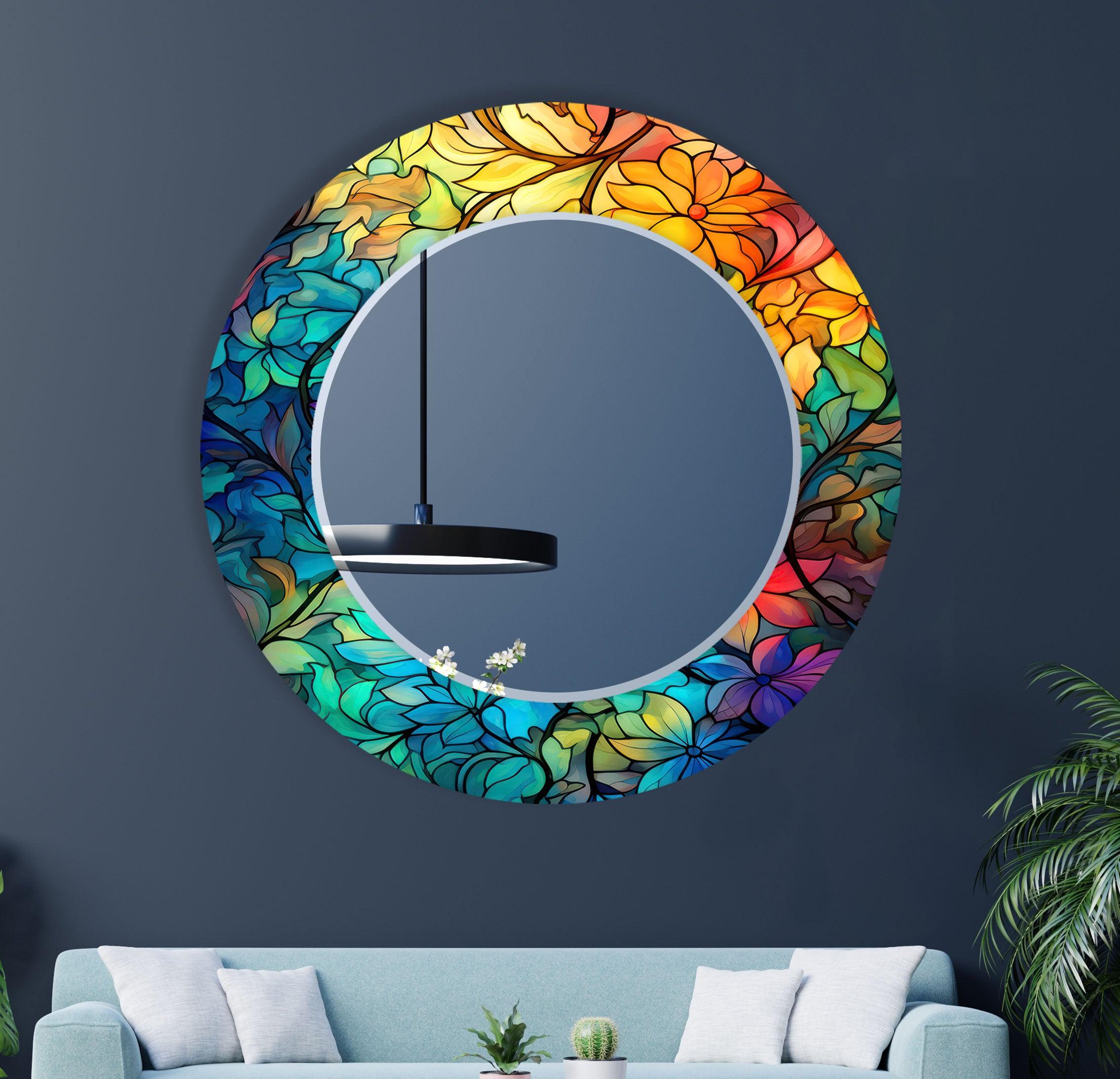 Blue & Orange Stained Glass Wall Mirror with Leaf Design - Elegant Home Decor for Living Room, Bedroom, or Entryway