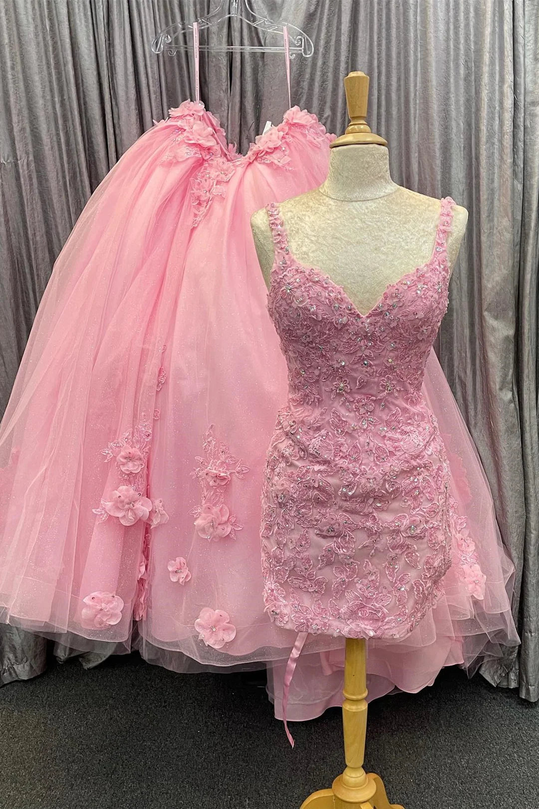 Elegant Pink Floral 2-in-1 Quinceanera Dress with Appliques & Sweetheart Lace-Up | Formal Party Gown for Sweet 15, Prom, Homecoming & Special Occasions