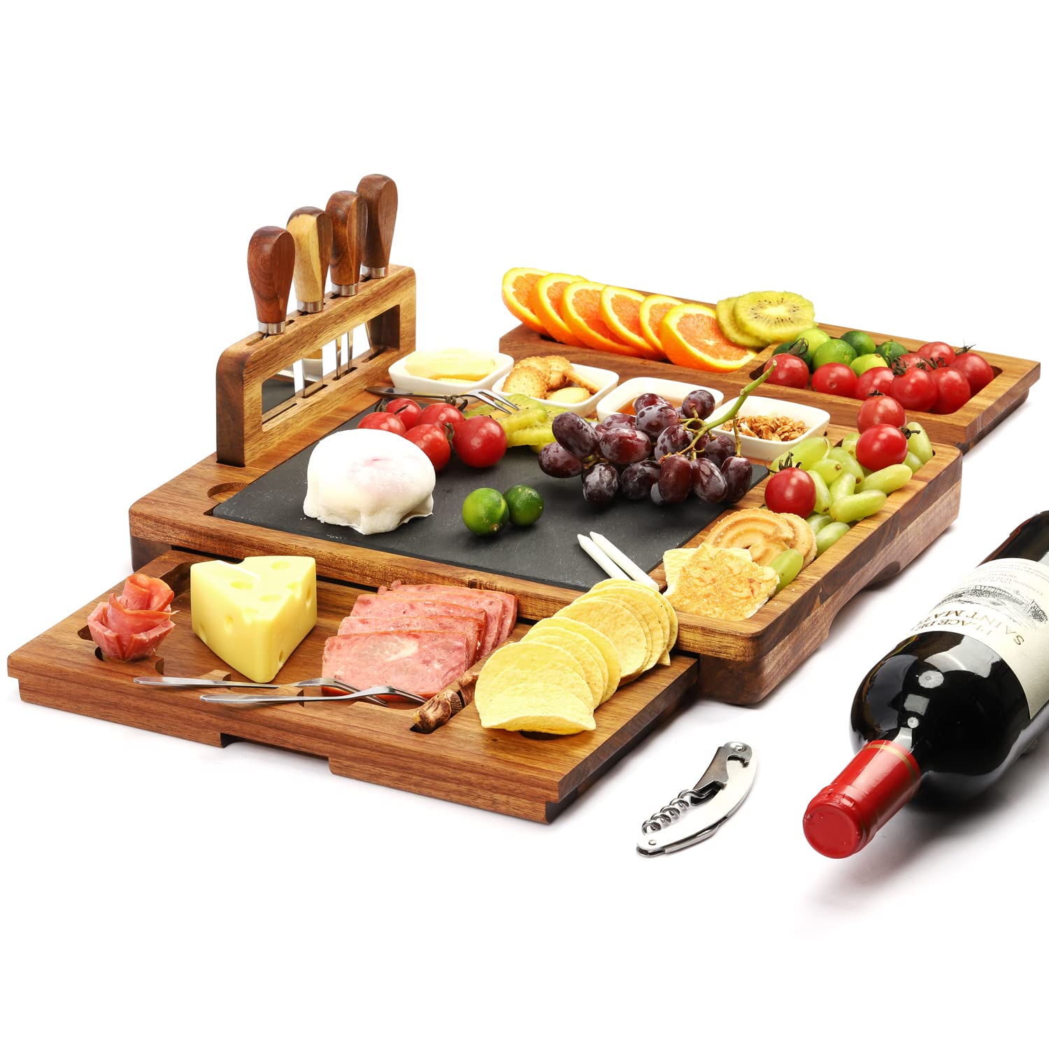 Premium Acacia Wood Cheese Board Set - Large Handcrafted Charcuterie Tray with Slate Rectangle - Perfect for Entertaining, Housewarming Gifts, Wedding & Bridal Shower Presents - Ideal for Wine & Cheese Parties, Charcuterie Displays & Gourmet Serving