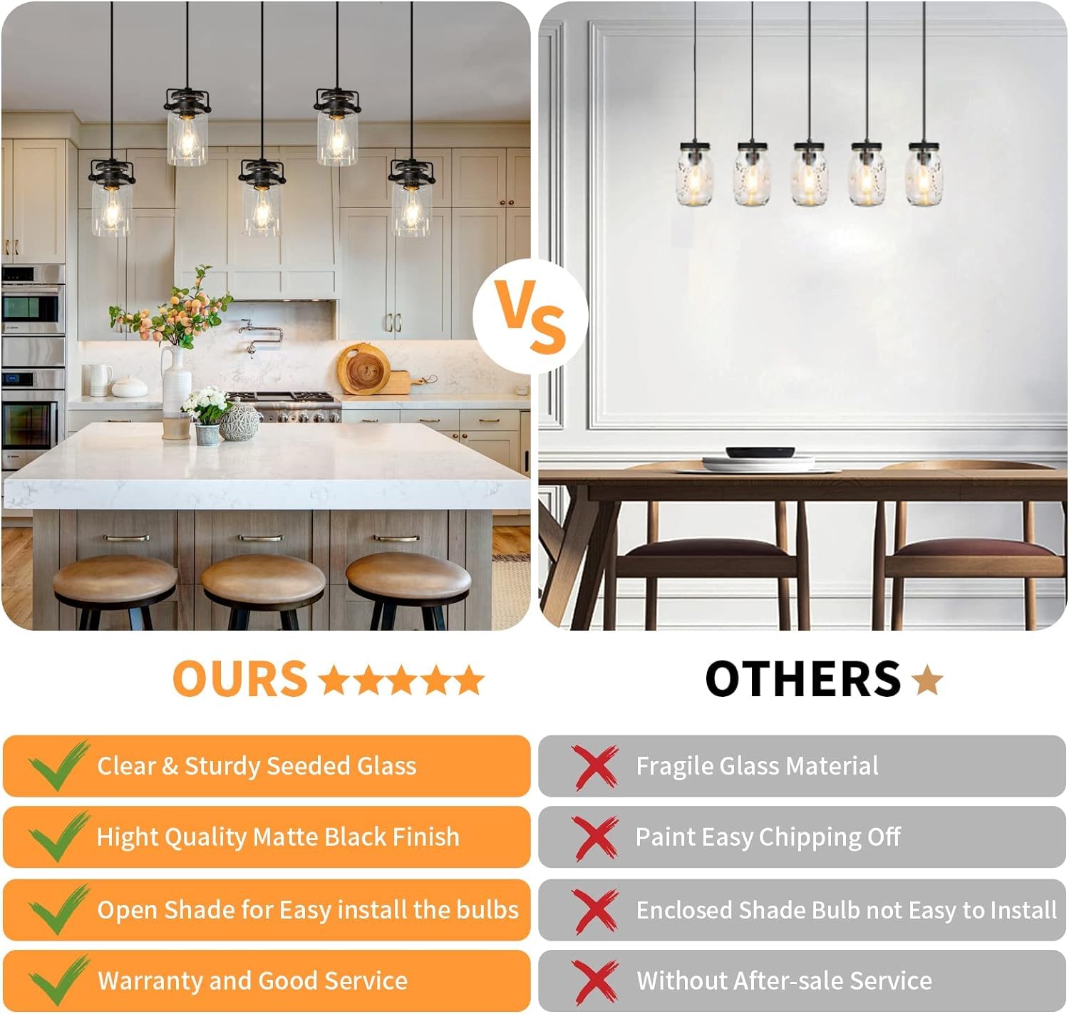 5-Light Black Linear Chandelier for Kitchen Island & Dining Room - Farmhouse Style Pendant Lighting with Glass Shades | Perfect for Modern Farmhouse, Rustic, and Industrial Home Decor