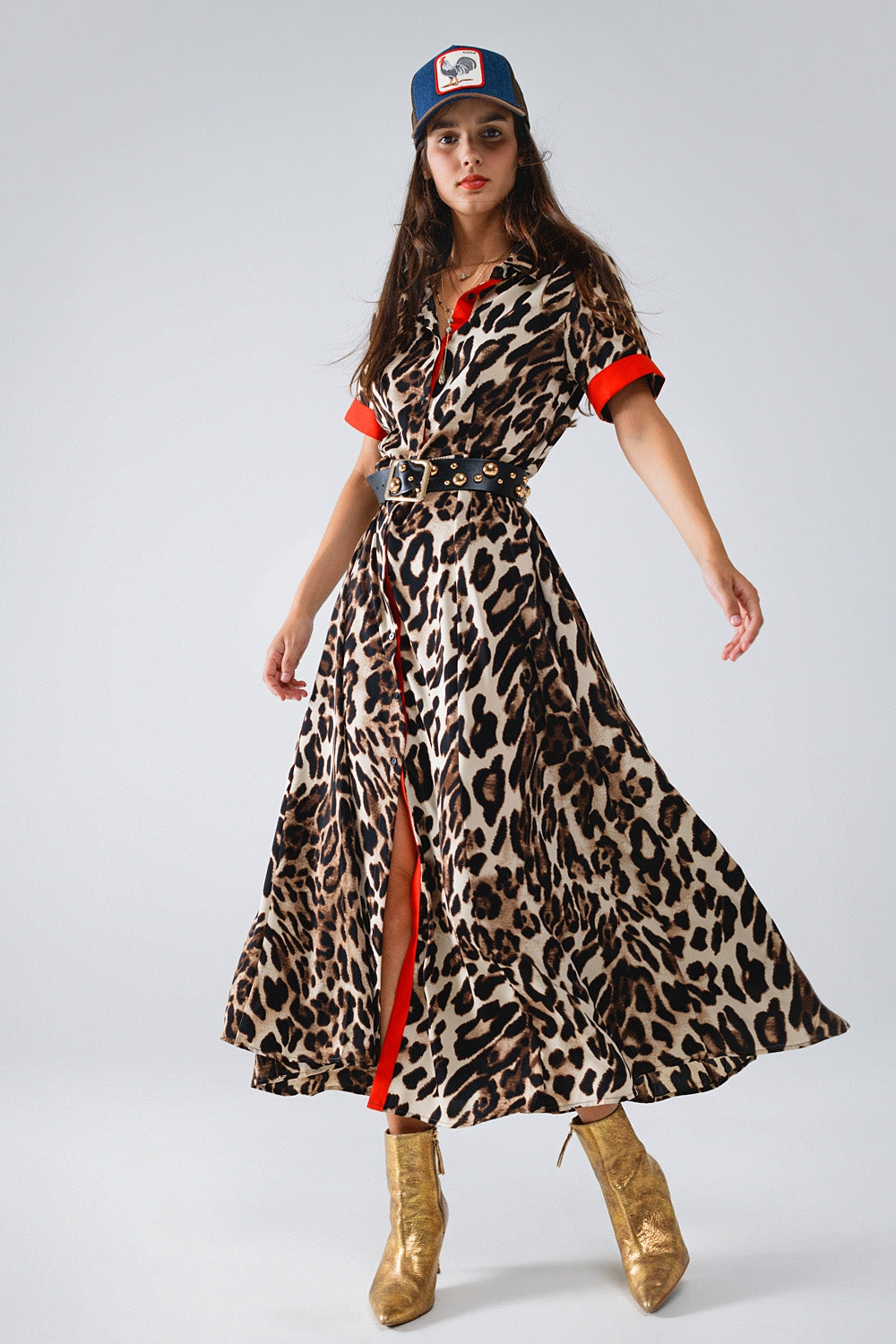 Leopard Print Long Button-Down Robe with Red Accents - Elegant Loungewear for Women, Perfect for Spa Days, Relaxing at Home, or Bridal Party Gifts