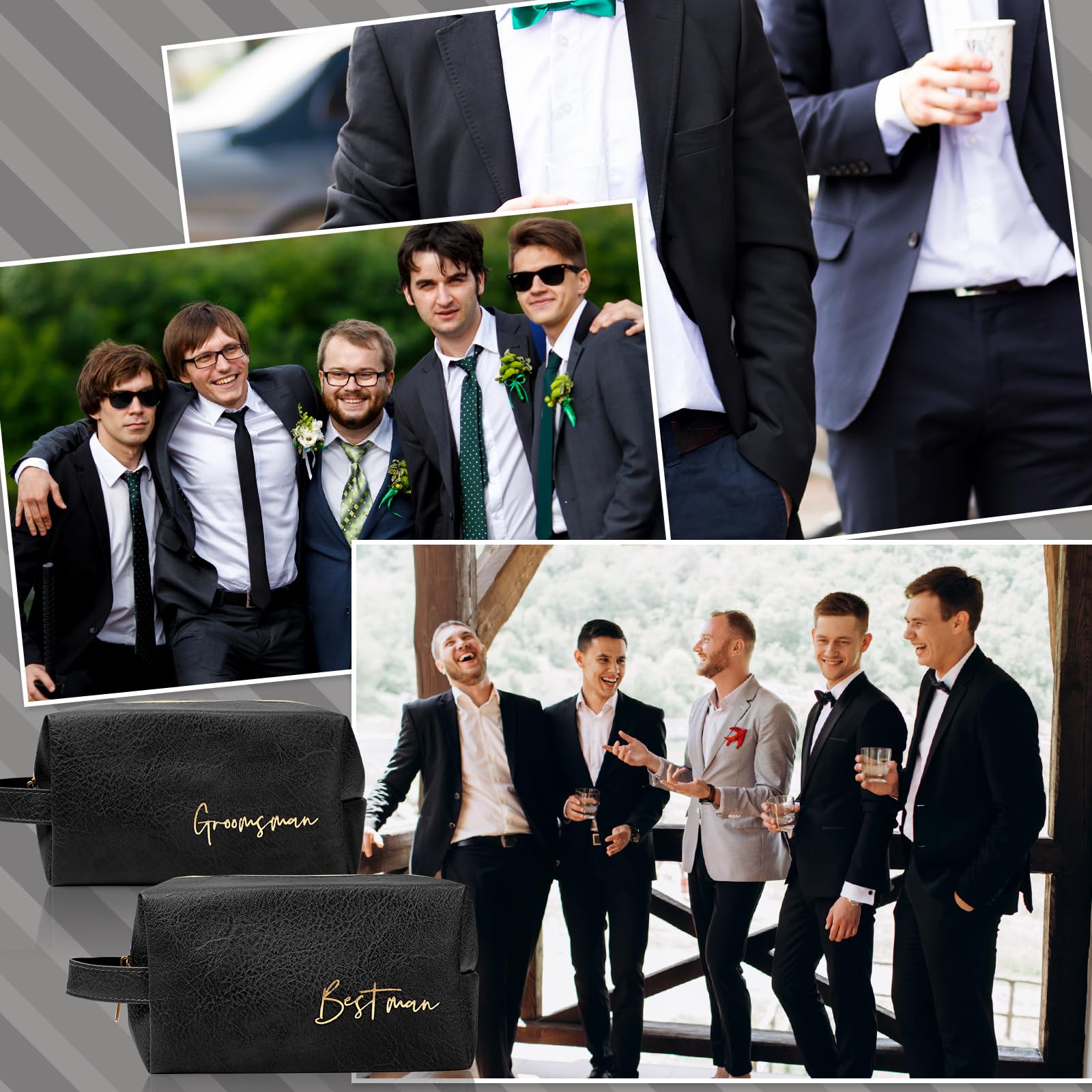 Amylove 7-Piece Men's Toiletry Bag Set - PU Leather Groomsmen Gift with Zipper & Bowknot - Best Man Wedding Proposal Accessories - Includes Greeting Card (Black) - Perfect for Bachelor Parties, Honeymoons & Travel Essentials