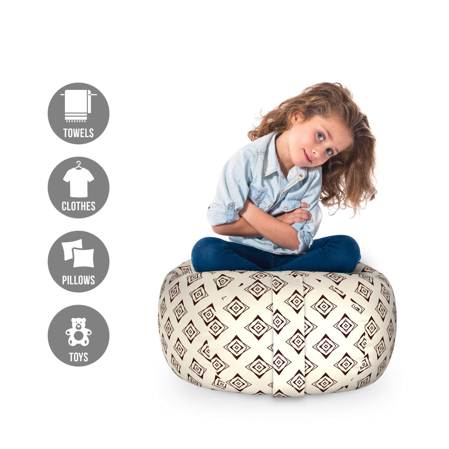 Ambesonne Abstract Toy Storage Bag Chair - Symmetrical Geometric Design Stuffed Animal Organizer - Washable Small Size in Seal Brown & Eggshell - Perfect for Kids' Room, Playroom & Nursery Organization