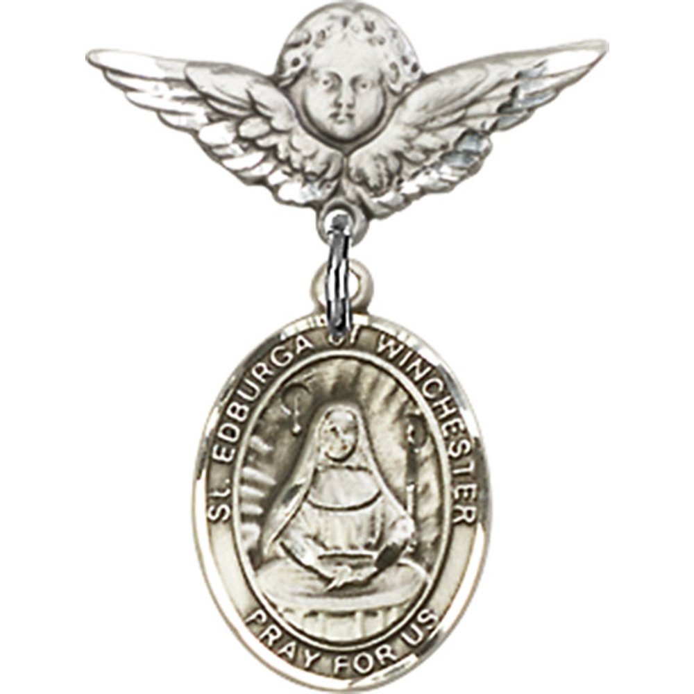 Sterling Silver Baby Badge with St. Edburga of Winchester Charm & Angel Wing Pin - 7/8