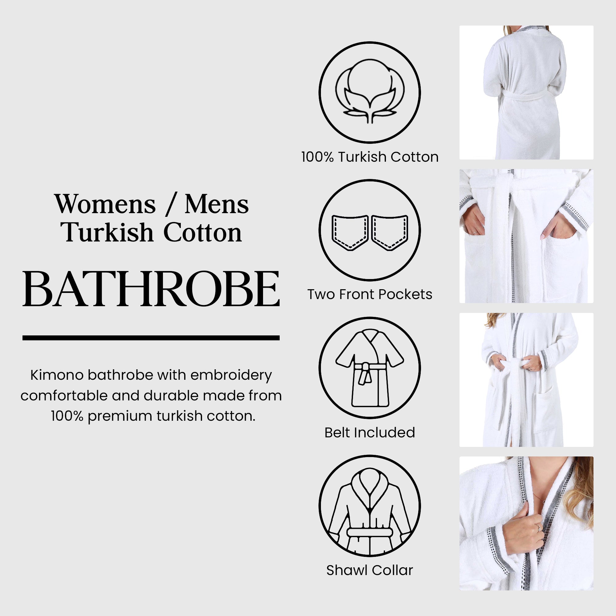Unisex Cotton Terry Kimono Bathrobe with Embroidery - Soft & Absorbent for Spa, Beach & Home Relaxation