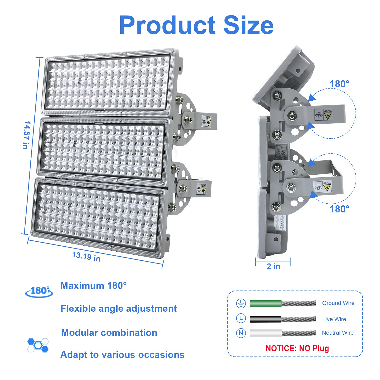 Kekeou GDIDEA 300W LED Flood Light Outdoor - 33000LM 6500K IP67 Waterproof Adjustable Stadium Light for Arenas, Fields, Parking Lots & Security Lighting
