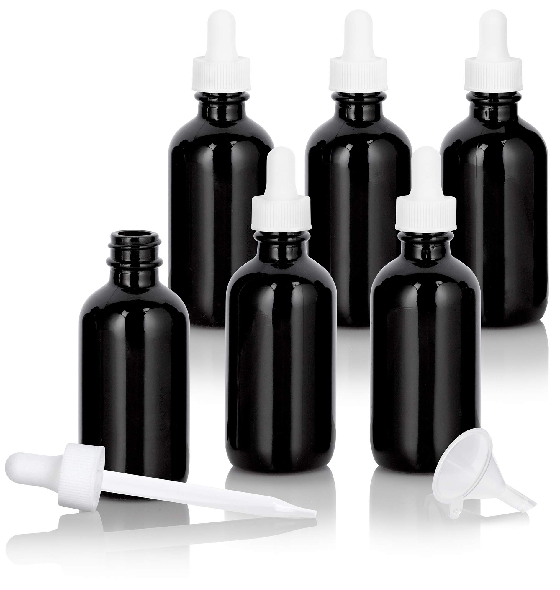 JUVITUS 2 oz Black Glass Luxury Boston Round Bottles with White Dropper & Funnel (6 Pack) - Essential Oil Bottles, DIY Skincare Containers, Travel-Sized Toiletry Storage