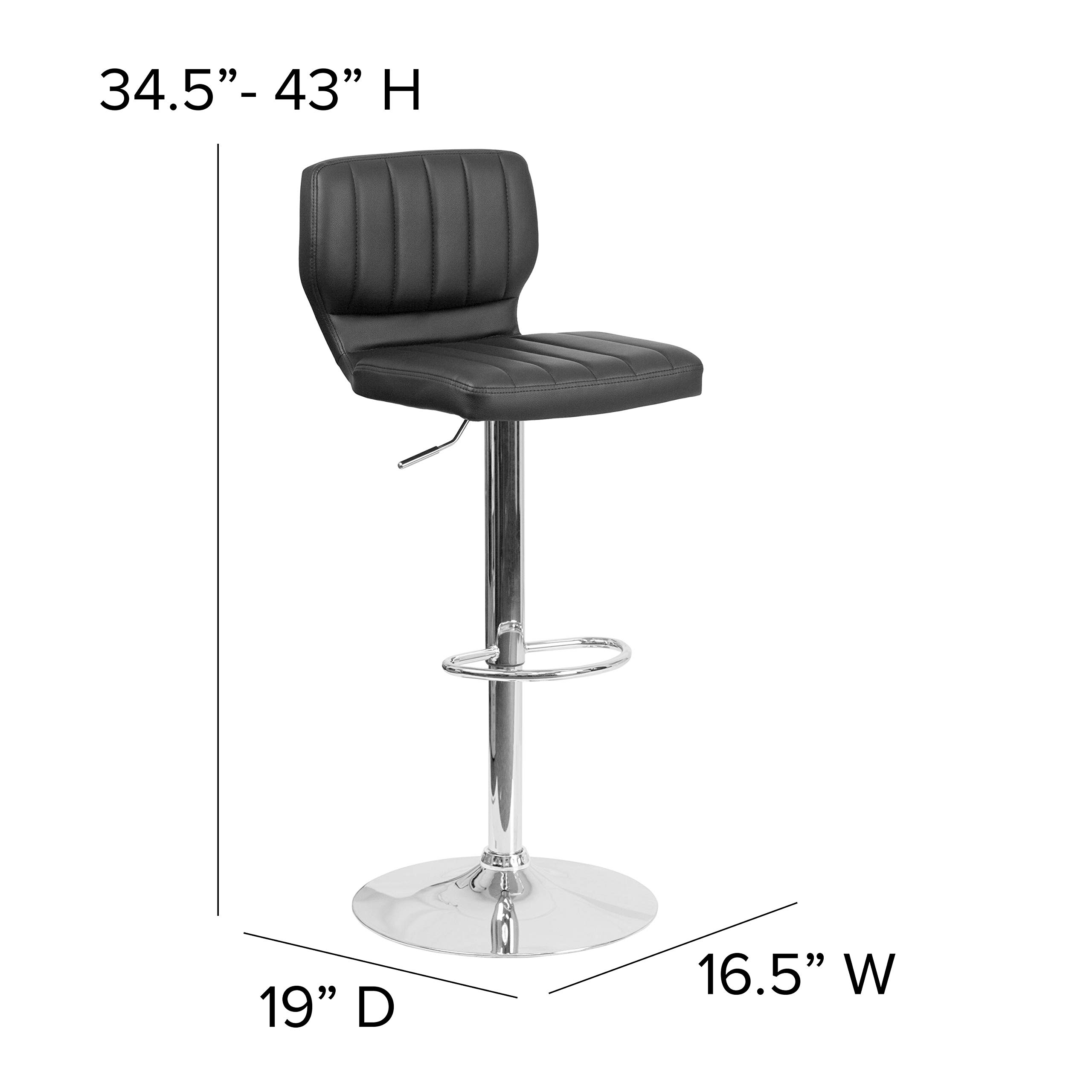 EMMA + OLIVER Black Vinyl Adjustable Height Bar Stool with Vertical Stitch Back - Modern Kitchen Island & Breakfast Nook Seating for Home & Restaurant Use