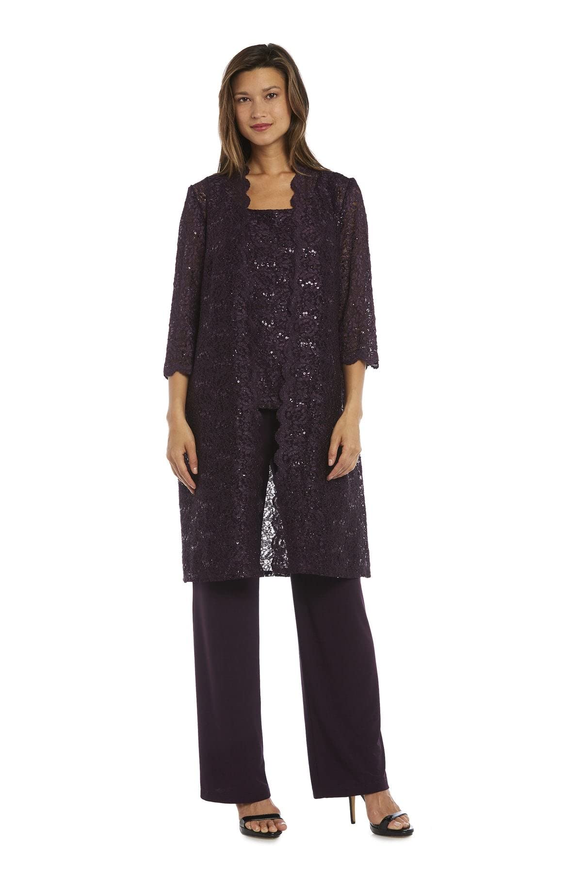 R&M Richards Women's 3 Piece Scalloped Sequin Lace Pant Suit - Elegant Mother of The Bride Outfit (Plum, Size 10) | Formal Wedding Guest Attire & Special Occasion Ensemble