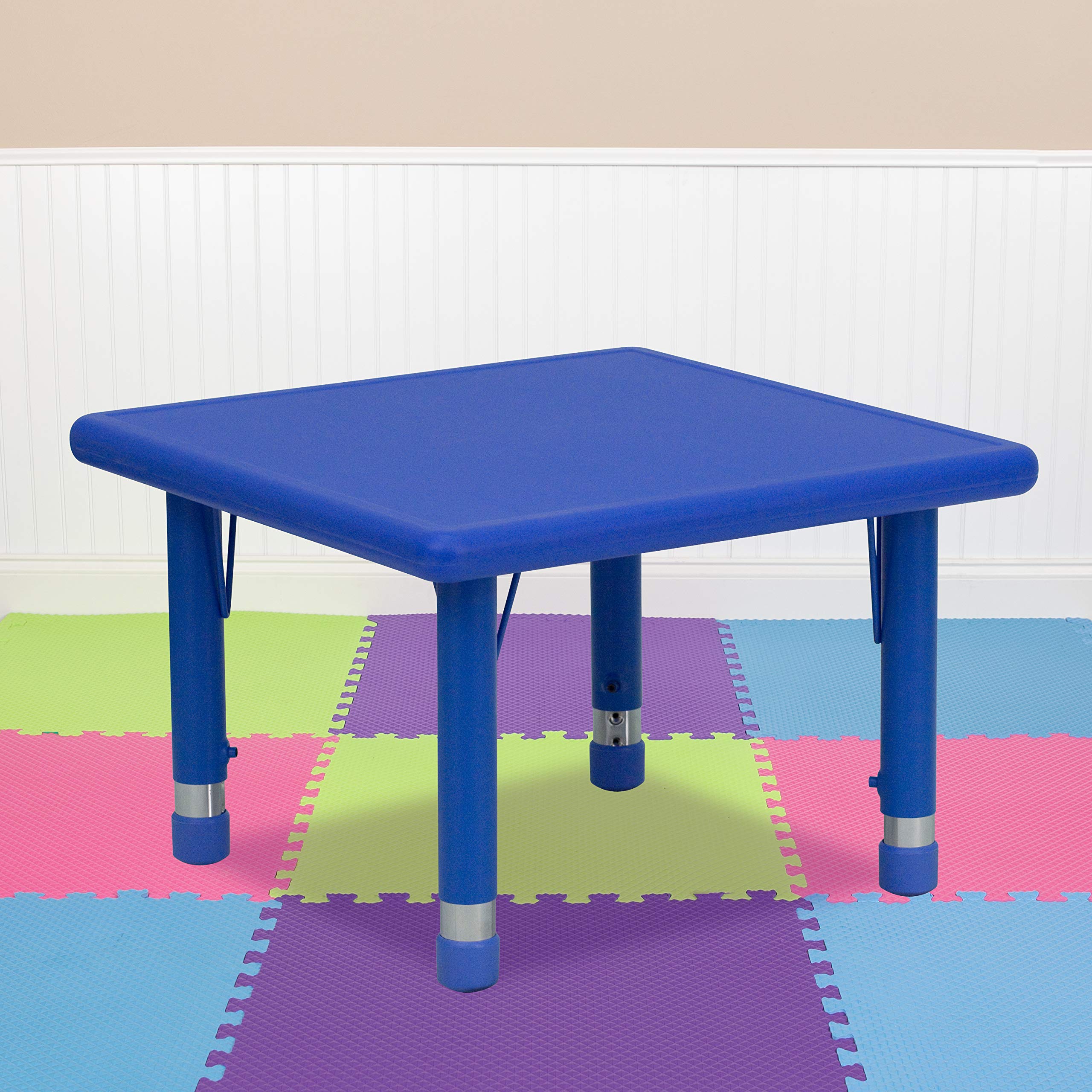 EMMA & OLIVER 24-Inch Square Blue Plastic Kids Activity Table - Adjustable Height for Toddlers & Preschoolers - Perfect for Playrooms, Daycares & Homeschooling Activities