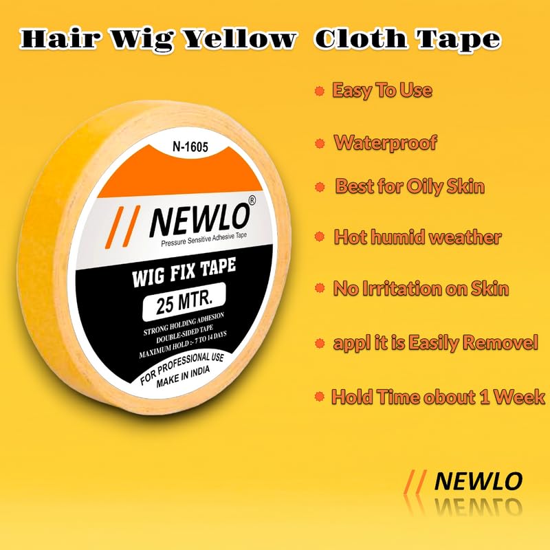 NEWLO Premium Double-Sided Waterproof Cloth Tape for Hair Wigs - 25m Yellow Adhesive | Secure Wig Attachment, Costume & DIY Projects