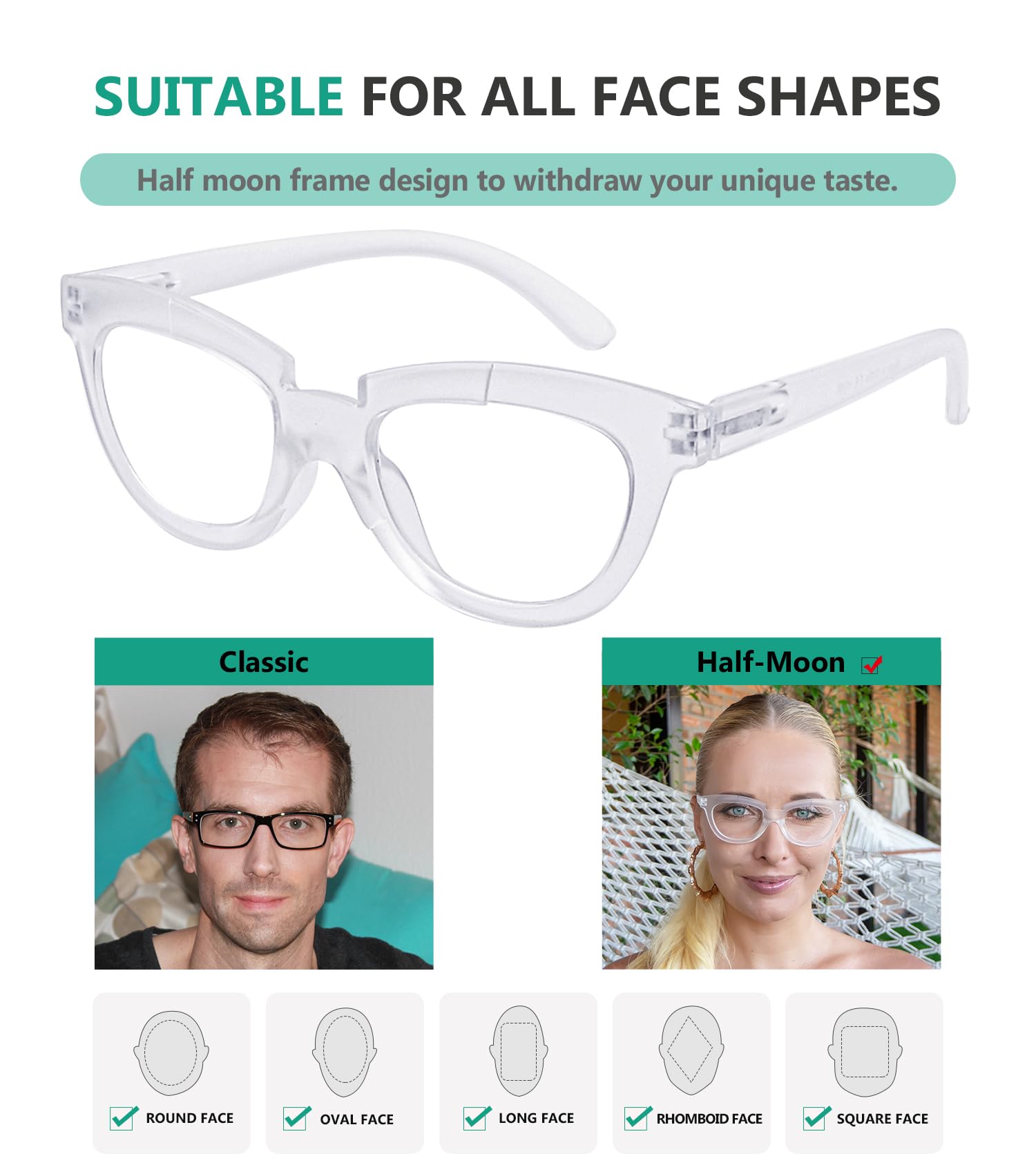Eyekepper Half Moon Reading Glasses for Women +2.25 Strength - Stylish Transparent Readers for Ladies - Perfect for Reading, Computer Work & Close-Up Tasks