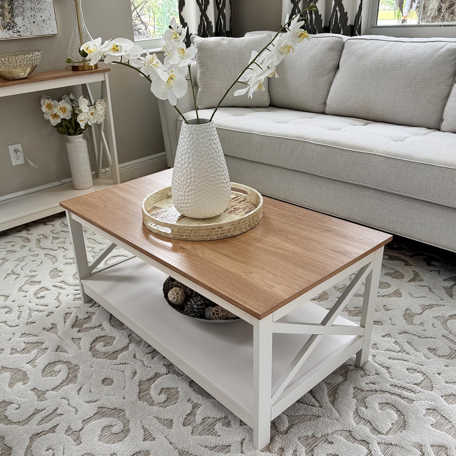 Farmhouse 2-Tier Coffee Table with Storage - Modern Ivory White Living Room Furniture for Small Spaces | Rustic Home Decor, Centerpiece for Family Gatherings & Cozy Nights