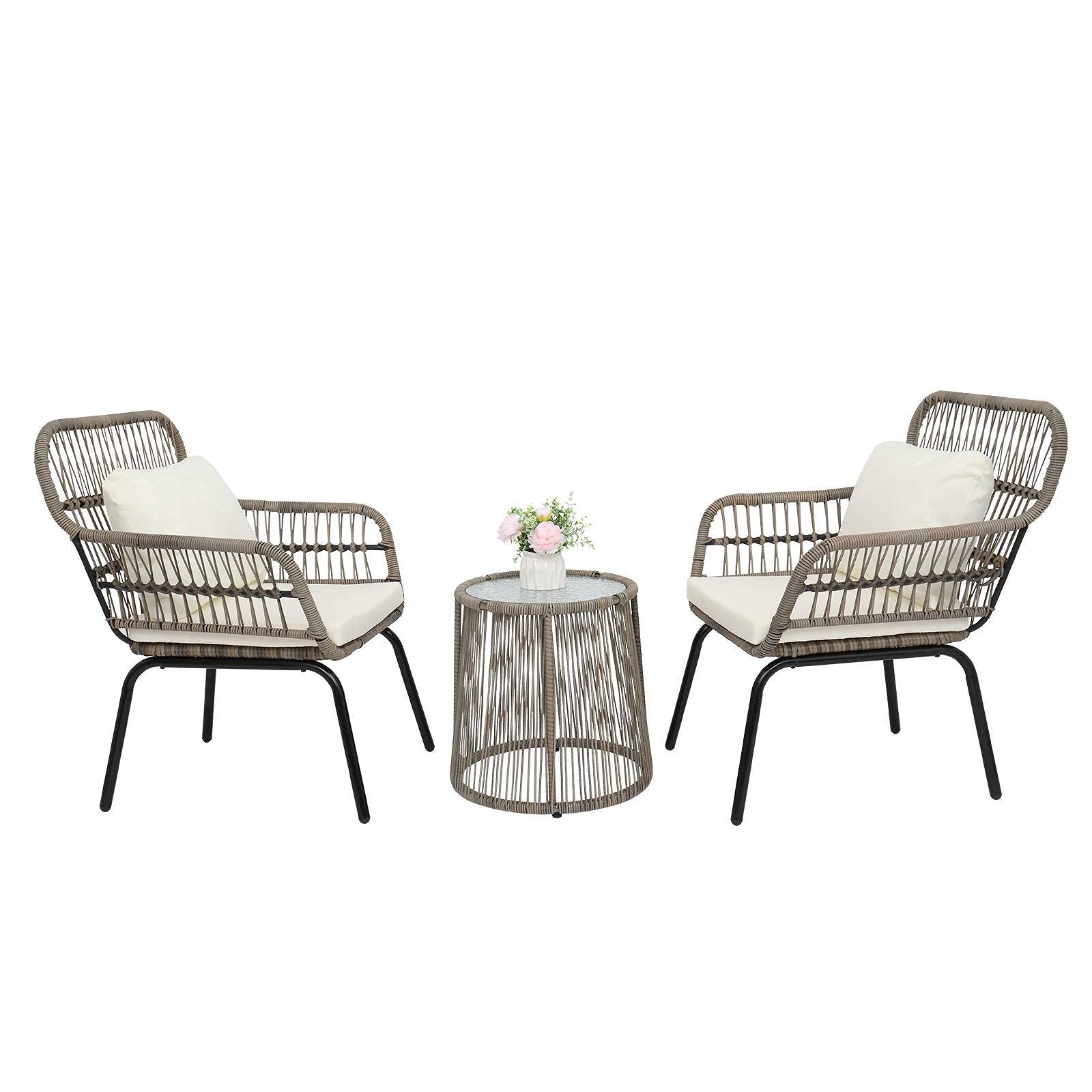 3-Piece Patio Wicker Bistro Set with 2 Chairs, Glass Top Side Table & Cushions - Tan Outdoor Furniture for Garden, Balcony or Poolside Relaxation