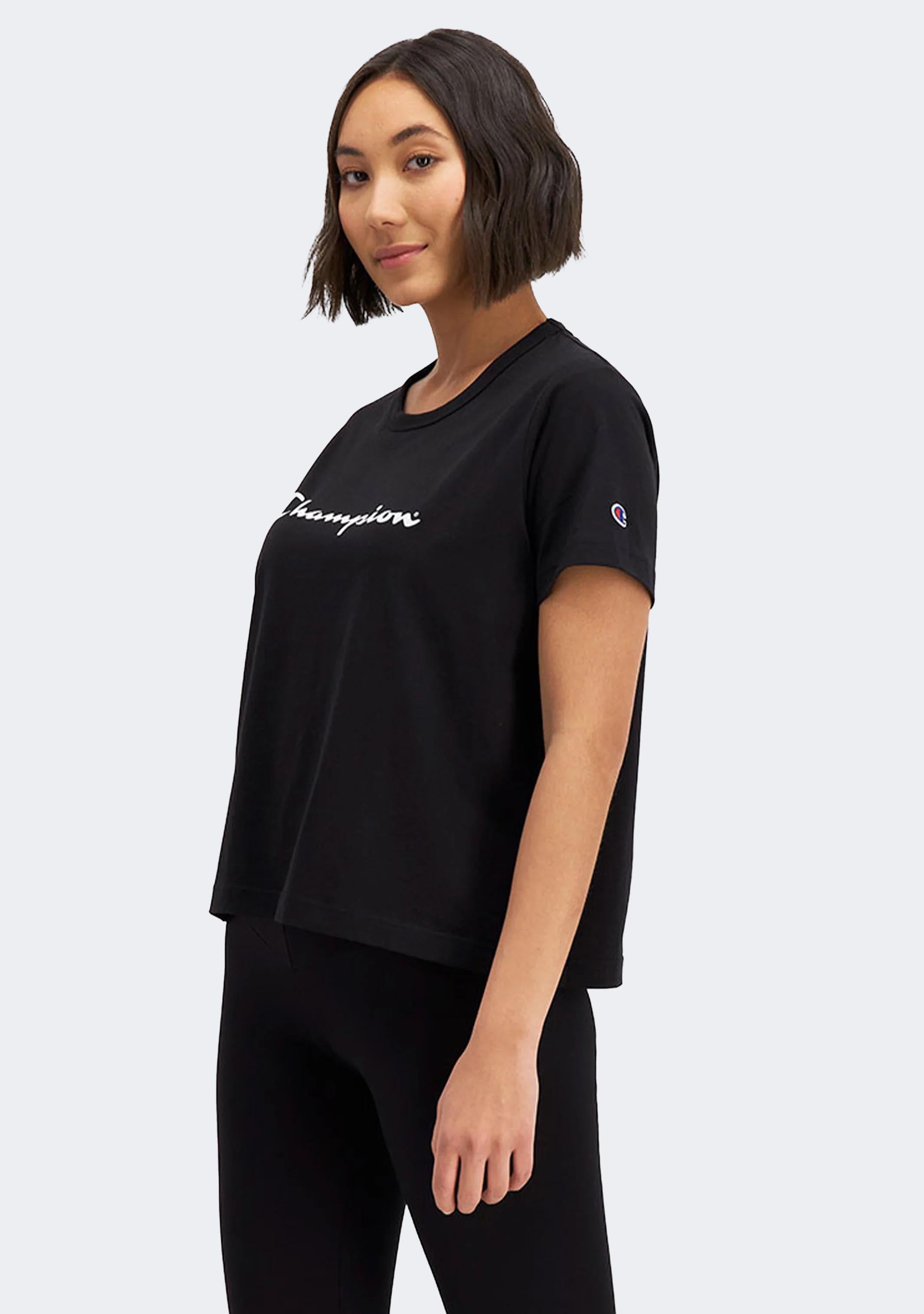 Champion Women's Script Logo Crop Boxy T-Shirt - Black | Casual Streetwear & Lounge Wear for Everyday Comfort