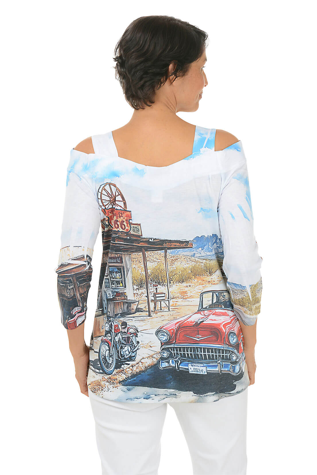 Stylish Petite Route 66 Cold Shoulder Knit Top for Women - Vintage Inspired Casual Summer T-Shirt - Perfect for Road Trips, Music Festivals & Everyday Wear