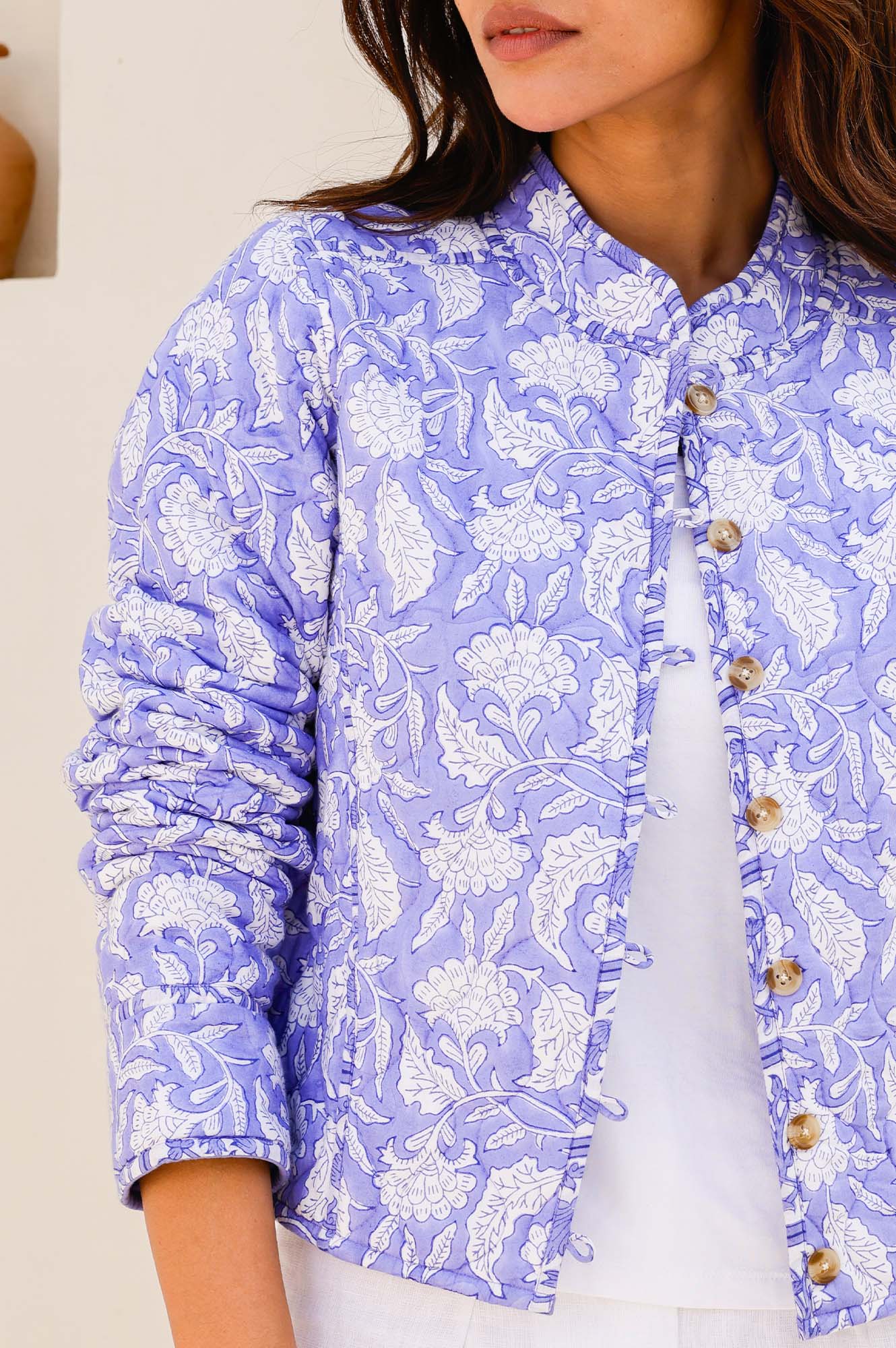 Polly Organic Cotton Block Print Quilted Jacket - Iris Blue & White | Eco-Friendly Women's Outerwear for Spring & Fall Fashion