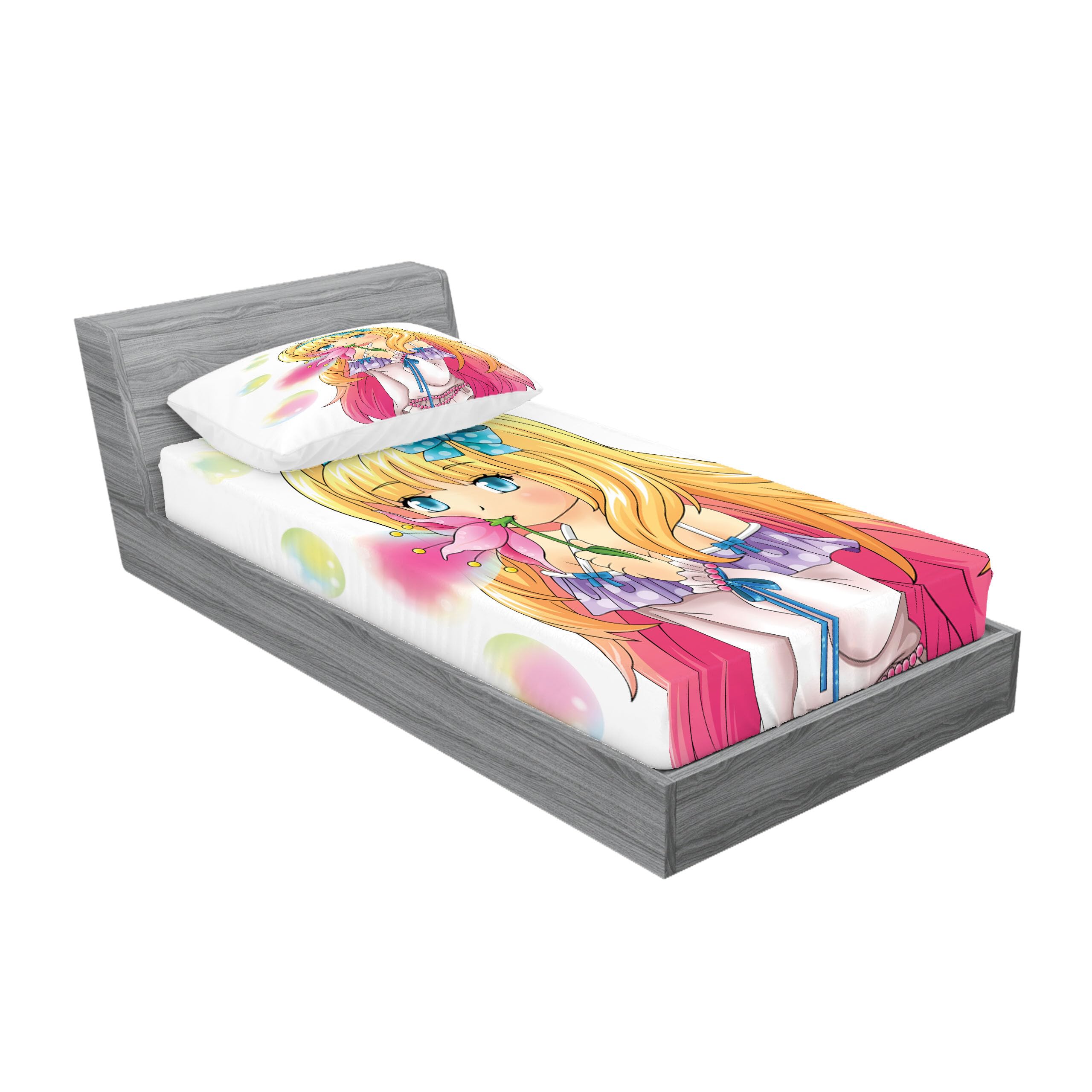 Ambesonne Anime Fitted Sheet & Pillow Sham Set - Manga Girl Blowing Bubbles from Flower Japanese Cartoon Art Print, Pink & Yellow Twin XL 2-Piece Bedding Set for Anime Fans, Teens Room Decor, Kawaii Themed Bedroom Accessories