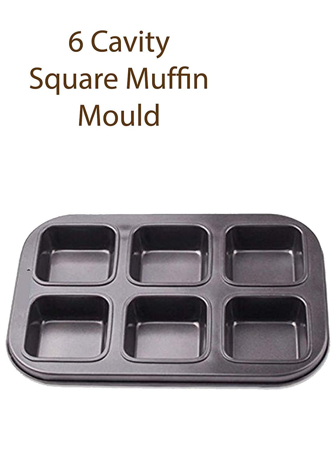 Zollyss Non-Stick Square Baking Pan - 6-Cavity Carbon Steel Mold for Bread, Cake, Fondant, Cookies & Tarts - Durable Bakeware Tool (Black, Pack of 1) - Perfect for Home Baking, Party Desserts & Holiday Treats