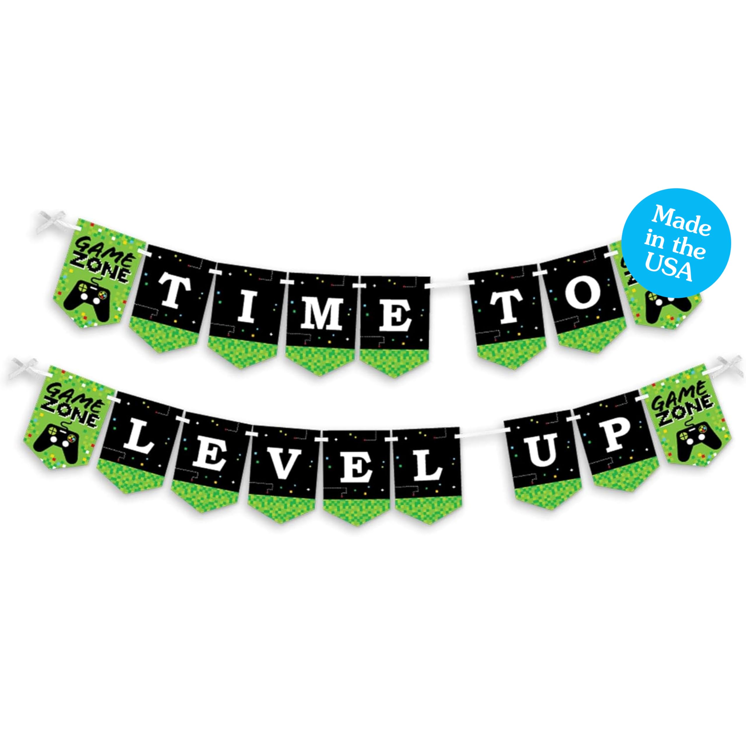 Big Dot of Happiness Pixel Video Game Party Bunting Banner - Retro Arcade Decorations - Time To Level Up - Perfect for Gaming Themed Birthday Parties & Events